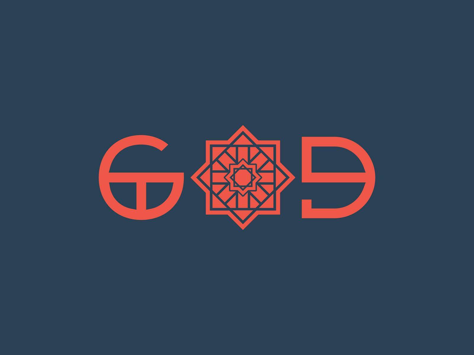 Asian geometric ornamental typography design of God text. Vector religious background