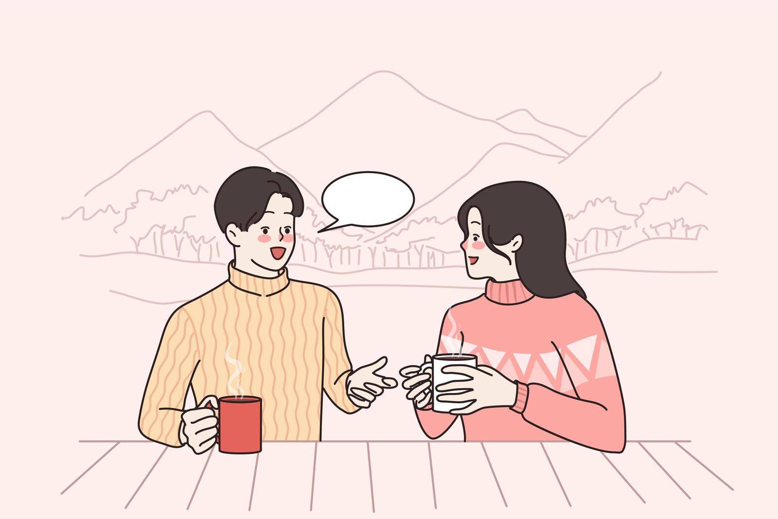 Winter leisure activities and communication concept. Young happy couple man and woman cartoon characters sitting drinking coffee chatting during snowboarding n mountains vector illustration