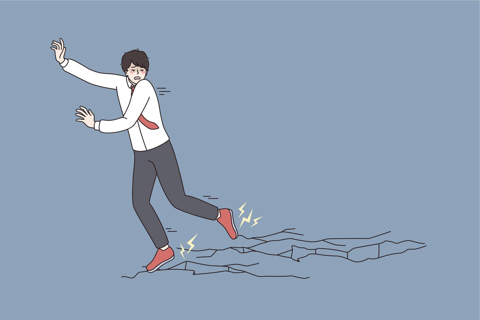 Business challenge, crisis and panic concept. Shocked afraid businessman walking on breaking ice feeling his aims and goals over vector illustration
