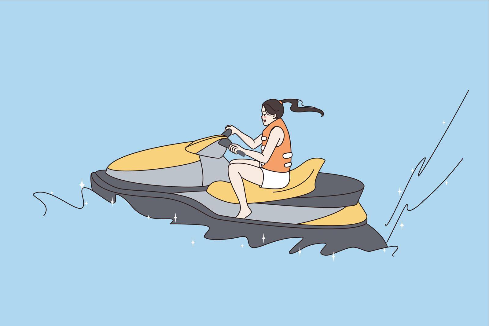 Sport summer leisure activities concept. Young happy cheerful woman sitting and riding jet ski on water during vacations feeling positive vector illustration
