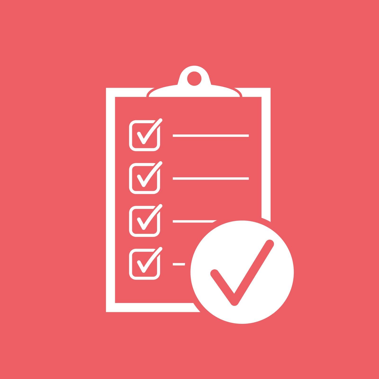 Checklist vector icon. Survey vector illustration in flat design on red background.