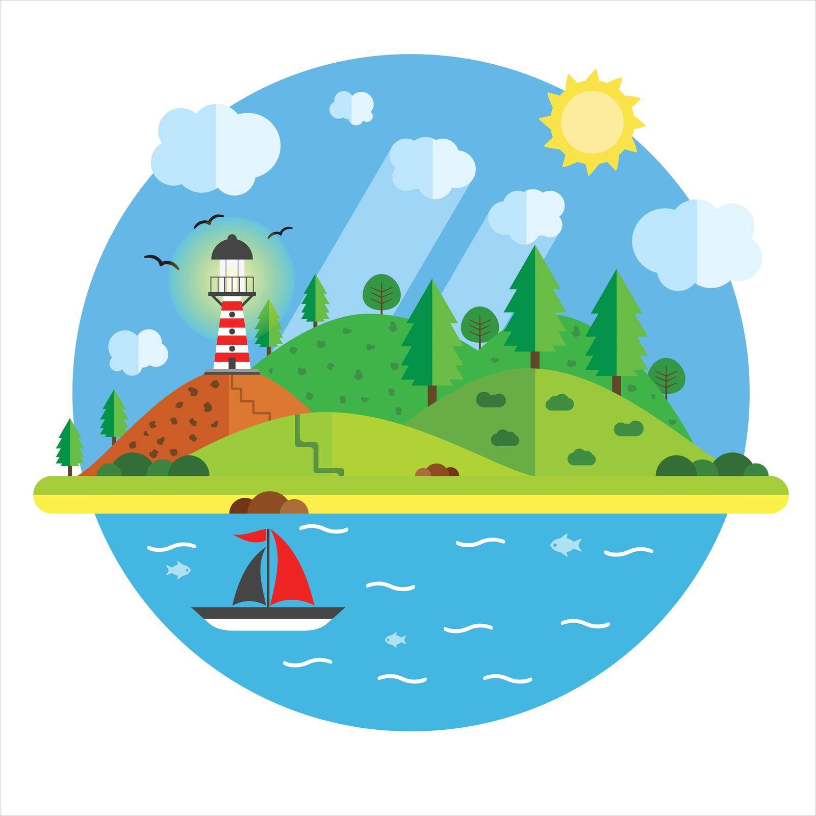 Vacation in the sea with lighthouse, hill, tree, mountain, fish and sailing ship. Summer time holiday voyage concept. Illustration in flat style. Travel background. by LysenkoA