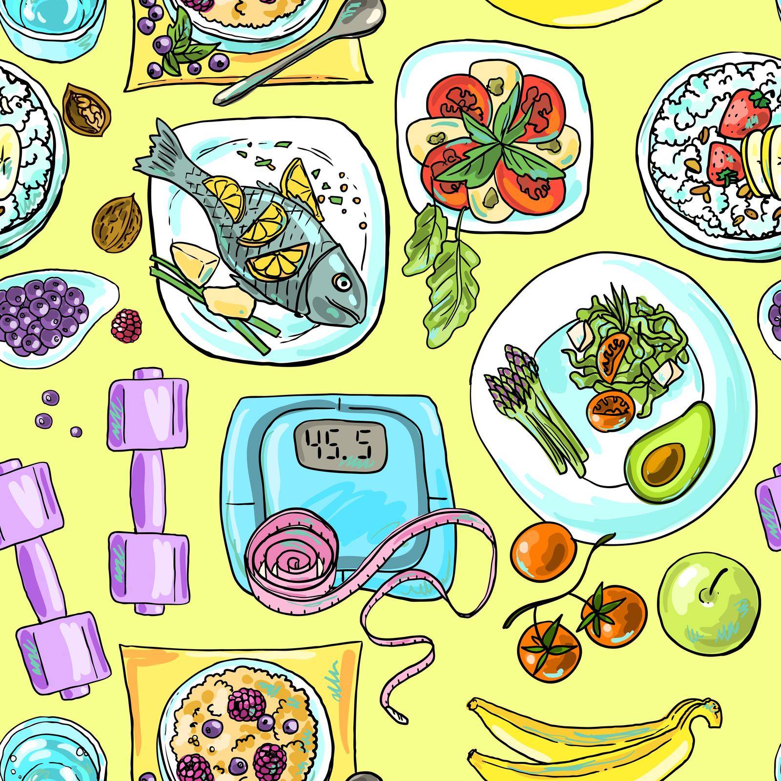 Beautiful hand- drawn seamless pattern healthy food for your design