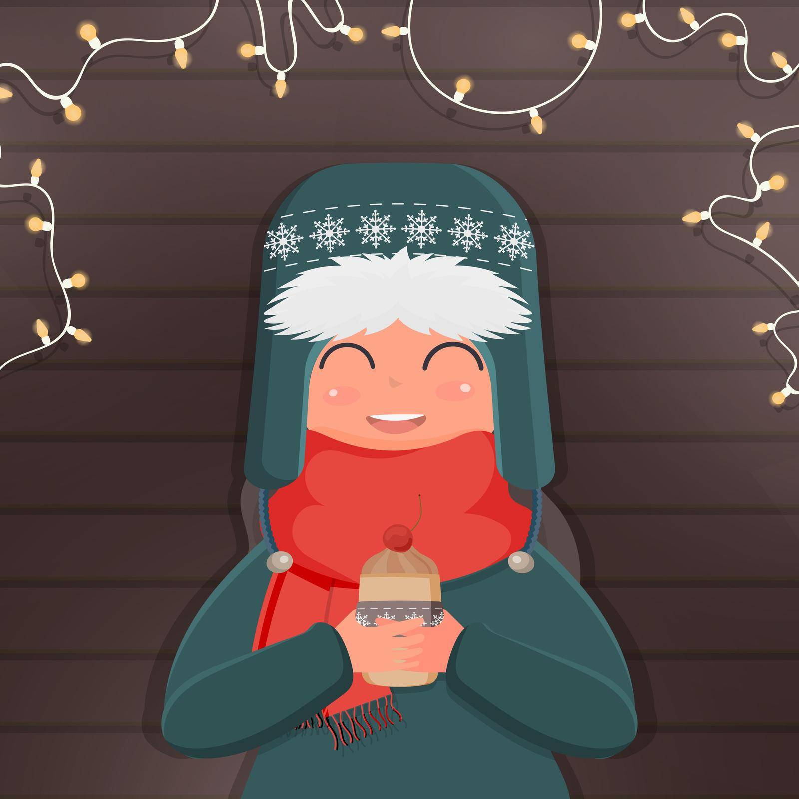 A girl with winter warm clothes holds a hot drink. Ready-made square card for a winter theme. Wooden background, garlands. Vector illustration.