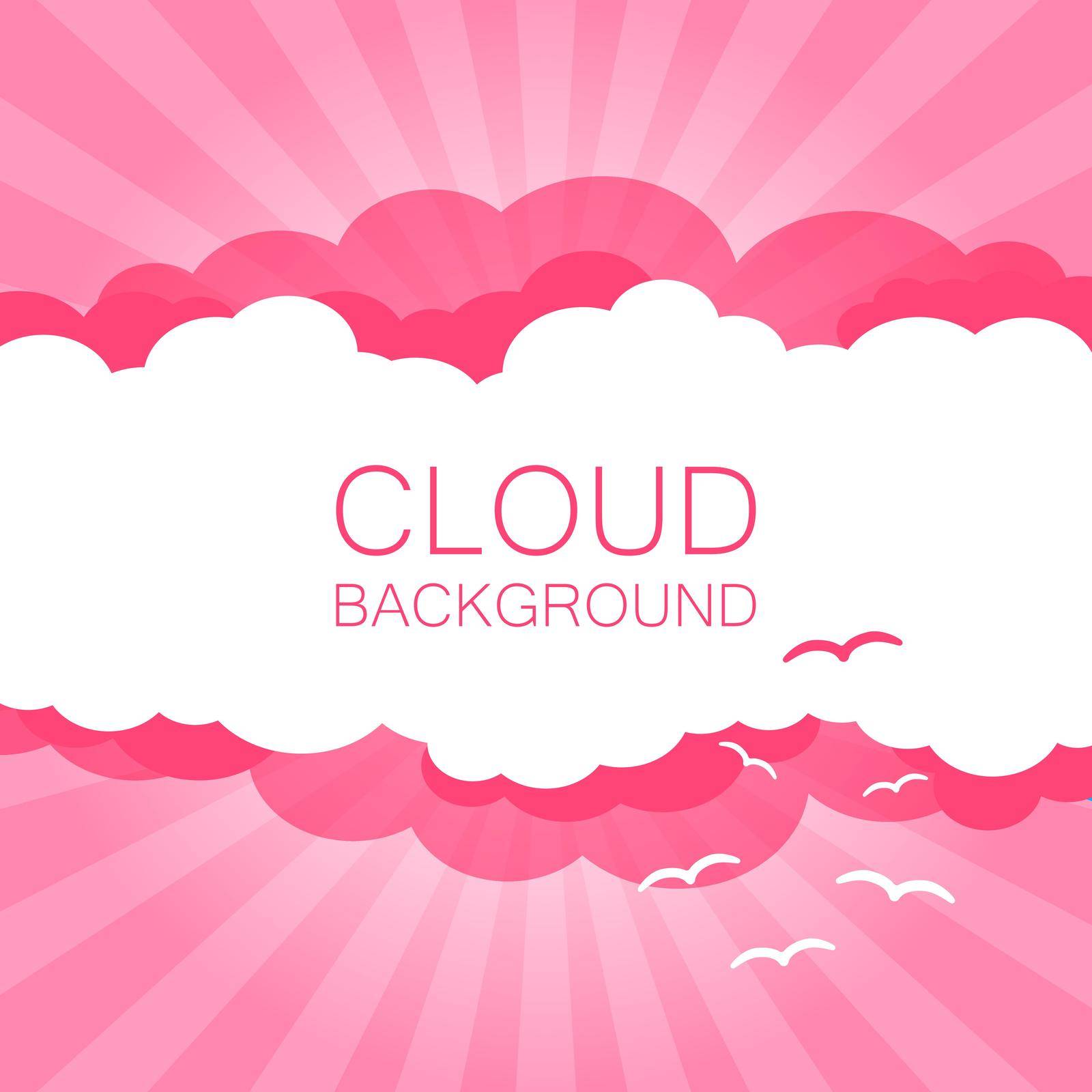 Clouds in the sky with sun rays. Flat vector illustration in cartoon style. Pink colorful sunset background.
