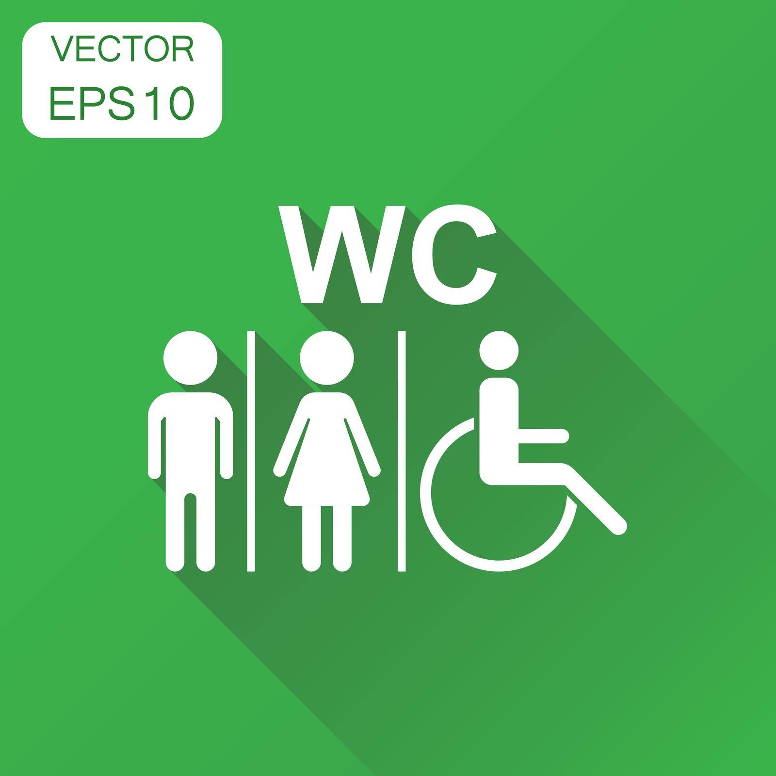 WC, toilet icon. Business concept men and women sign for restroom pictogram. Vector illustration on green background with long shadow. by LysenkoA