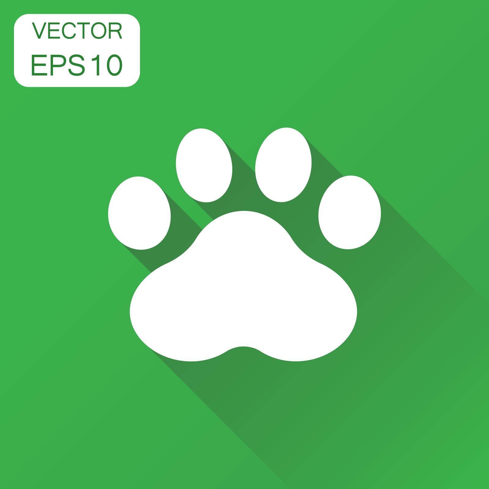 Paw print icon. Business concept dog or cat pawprint pictogram. Vector illustration on green background with long shadow.