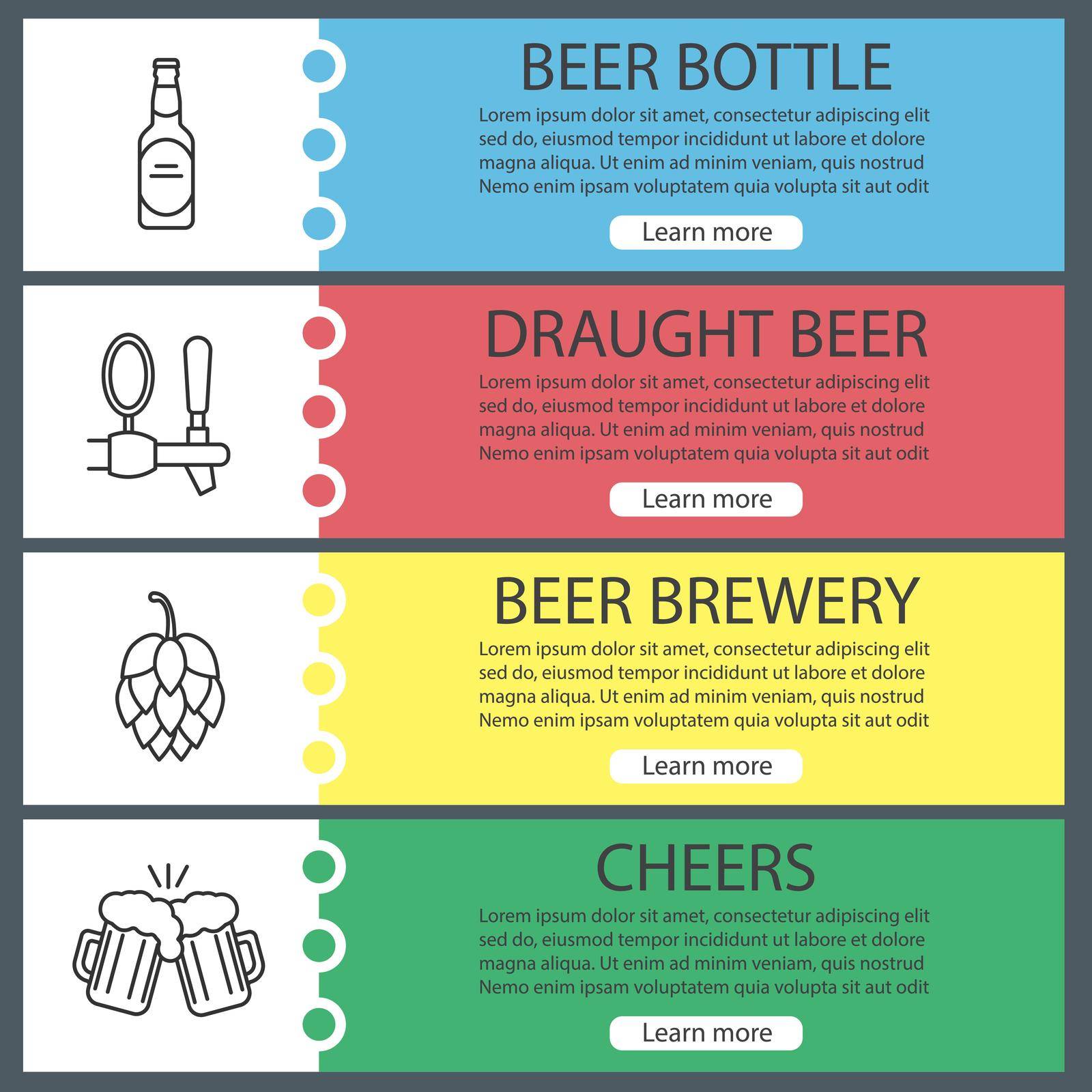 Beer banner templates set. Beer bottle, tap, glasses, hop cone. Website menu items with linear icons. Color web banner. Vector headers design concepts