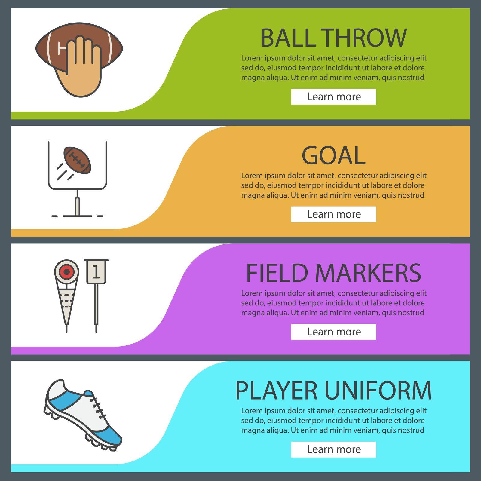 American football banner templates set. Ball throw, goal, field markers, player's shoe. Website menu items. Color web banner. Vector headers design concepts