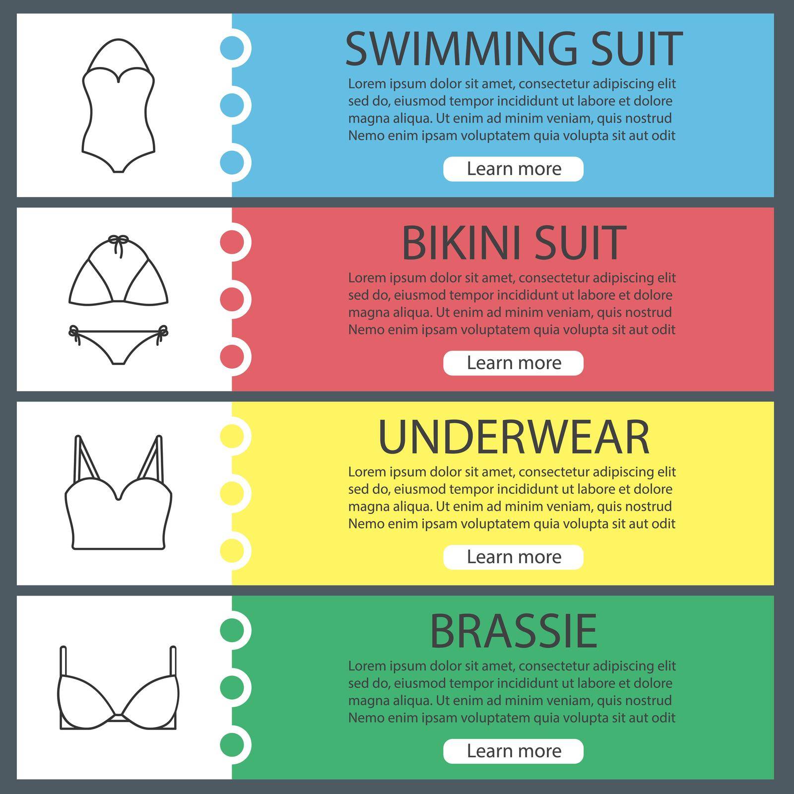 Women's underwear banner templates set. Top, swimsuits, bra. Website menu items with linear icons. Color web banner. Vector headers design concepts