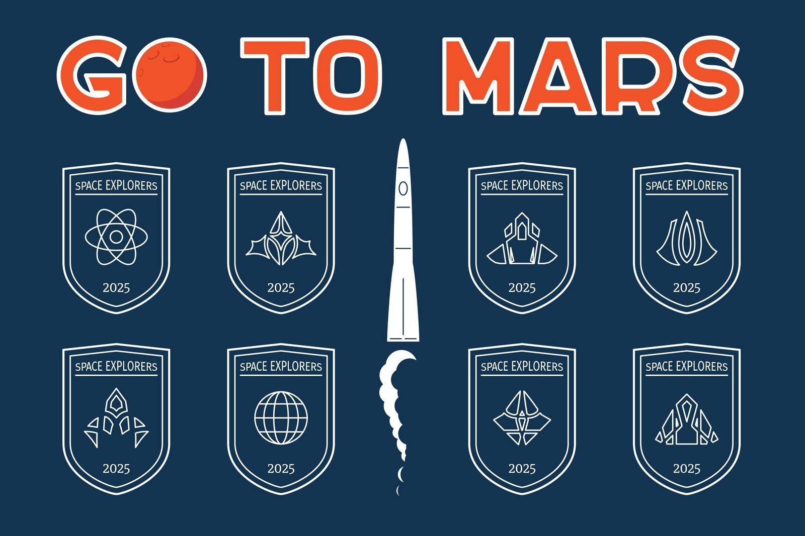 Badges set with spacecrafts. Vector design template for Mars mission, exploration, promo events, games or books