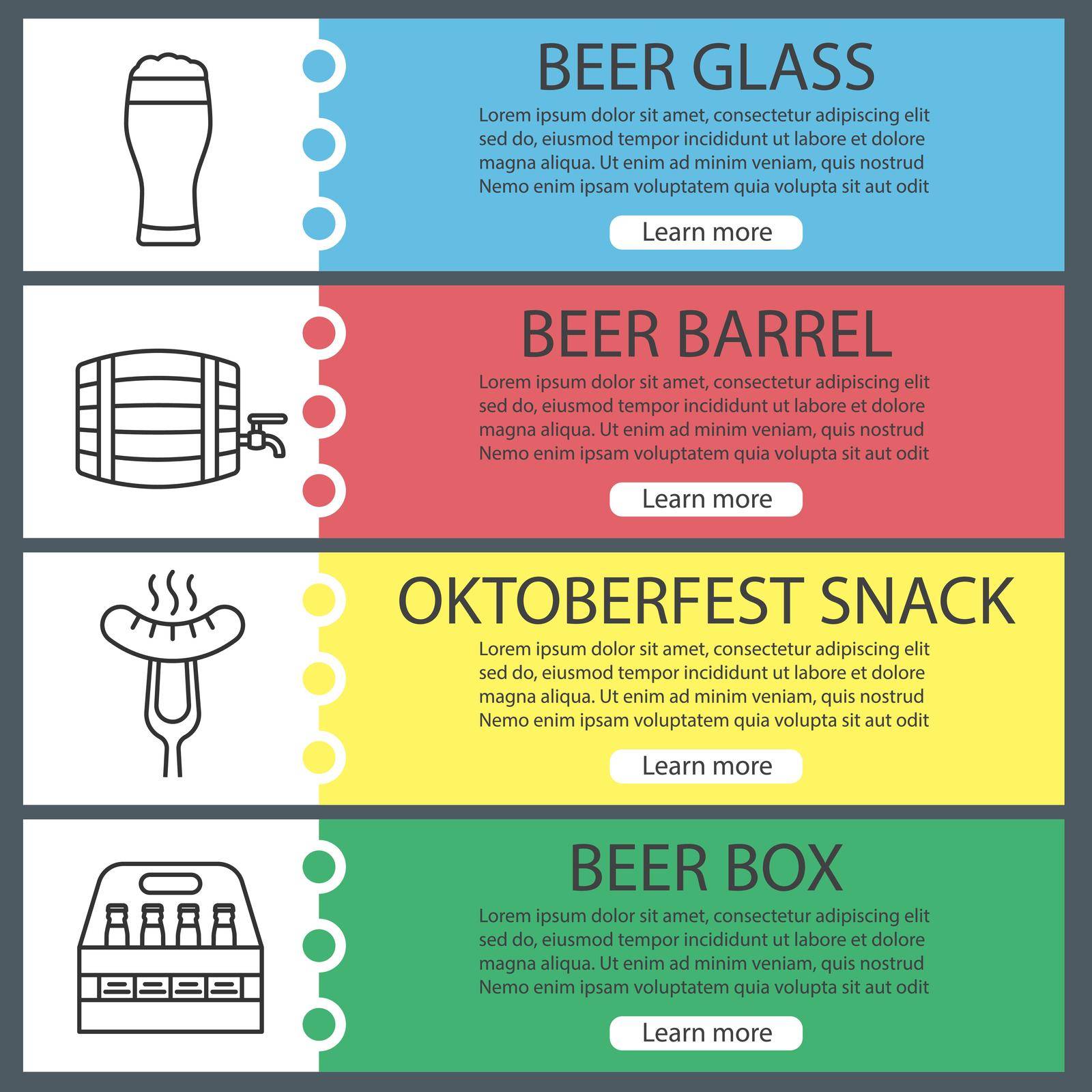 Beer web banner templates set. Sausage on fork, beer glass, bottles box and barrel. Website color menu items with linear icons. Vector headers design concepts