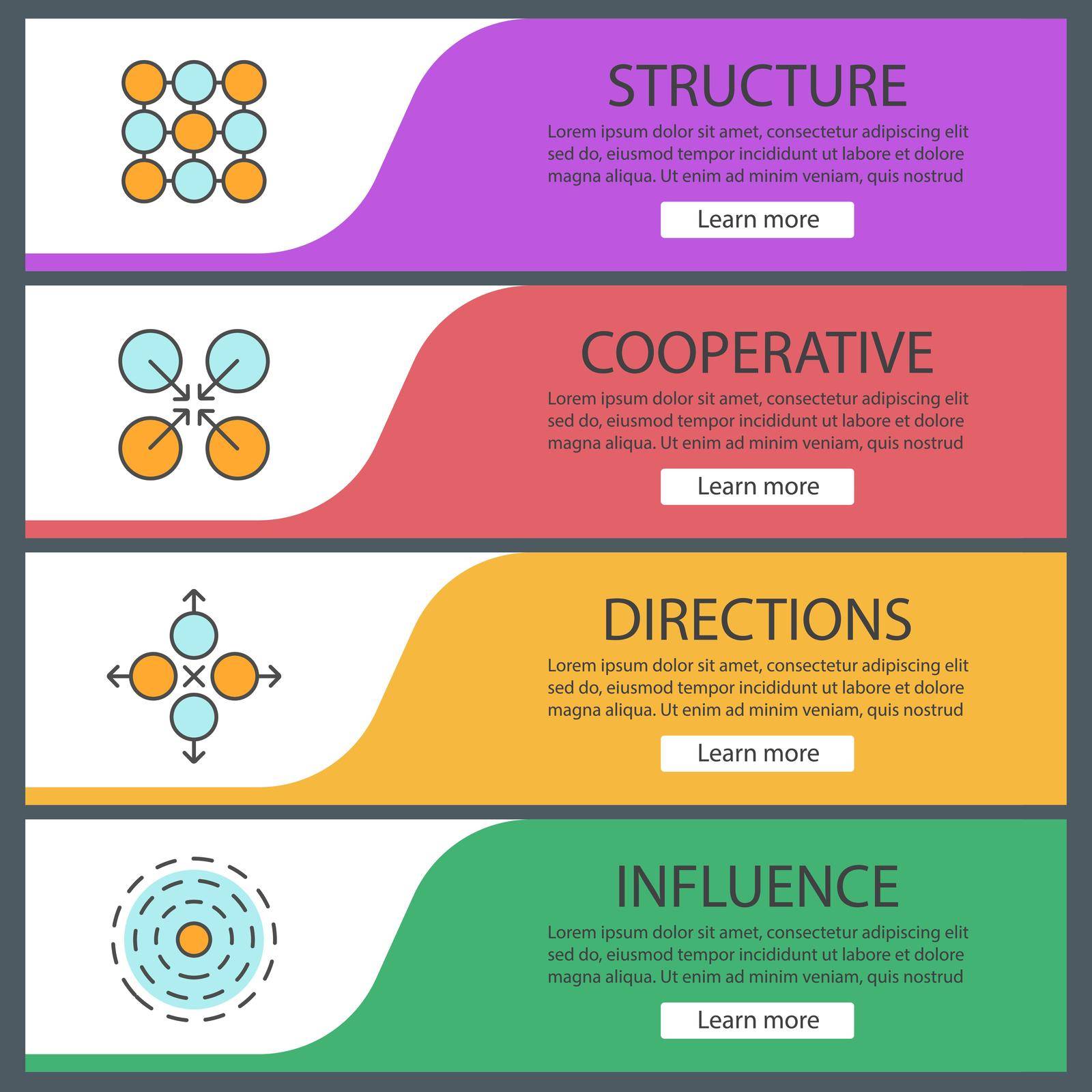 Abstract symbols web banners templates set. Structure, cooperative, directions, influence. Vector headers design concepts