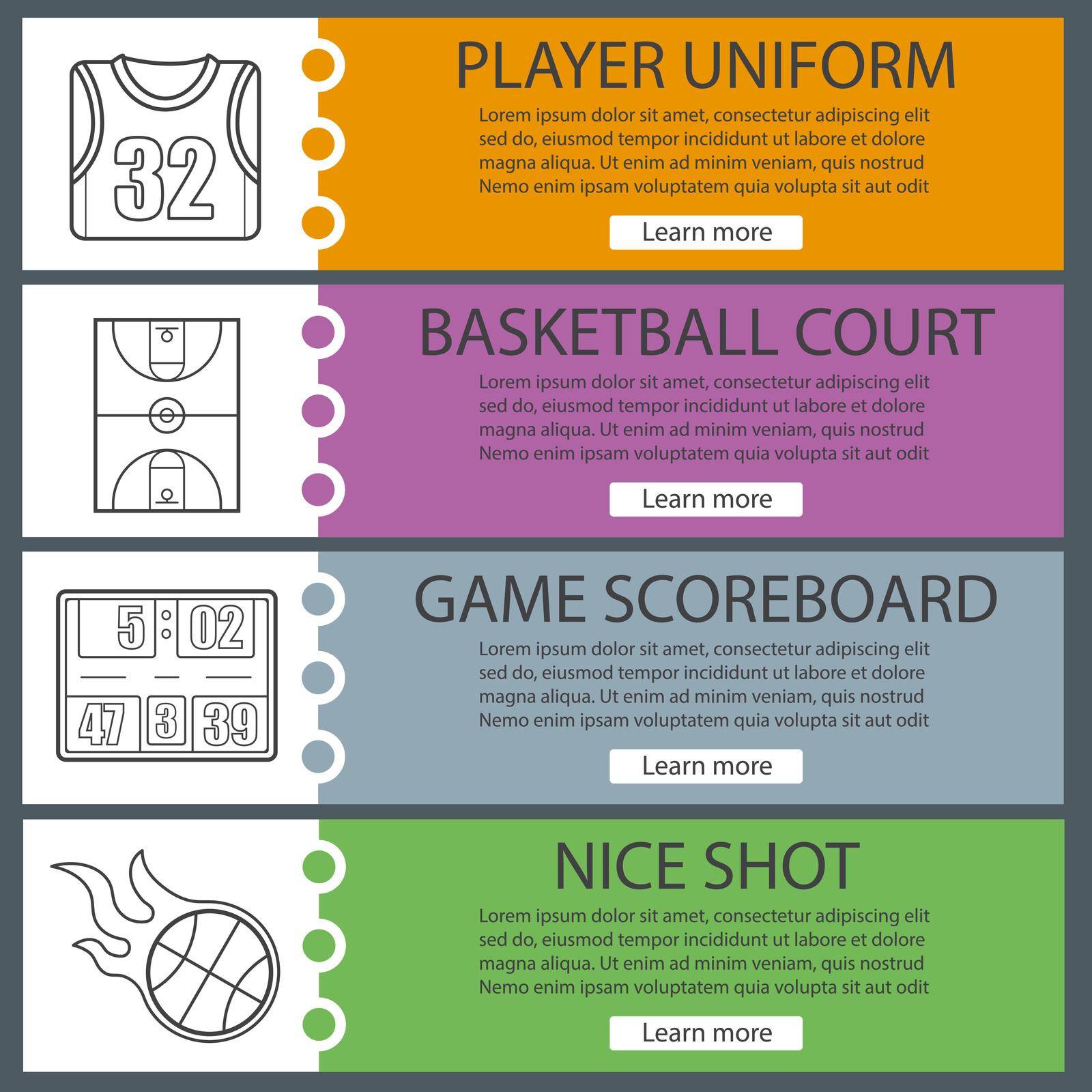 Basketball banner templates set. Shirt, court, scoreboard, burning ball. Website menu items with linear icons. Color web banner. Vector headers design concepts