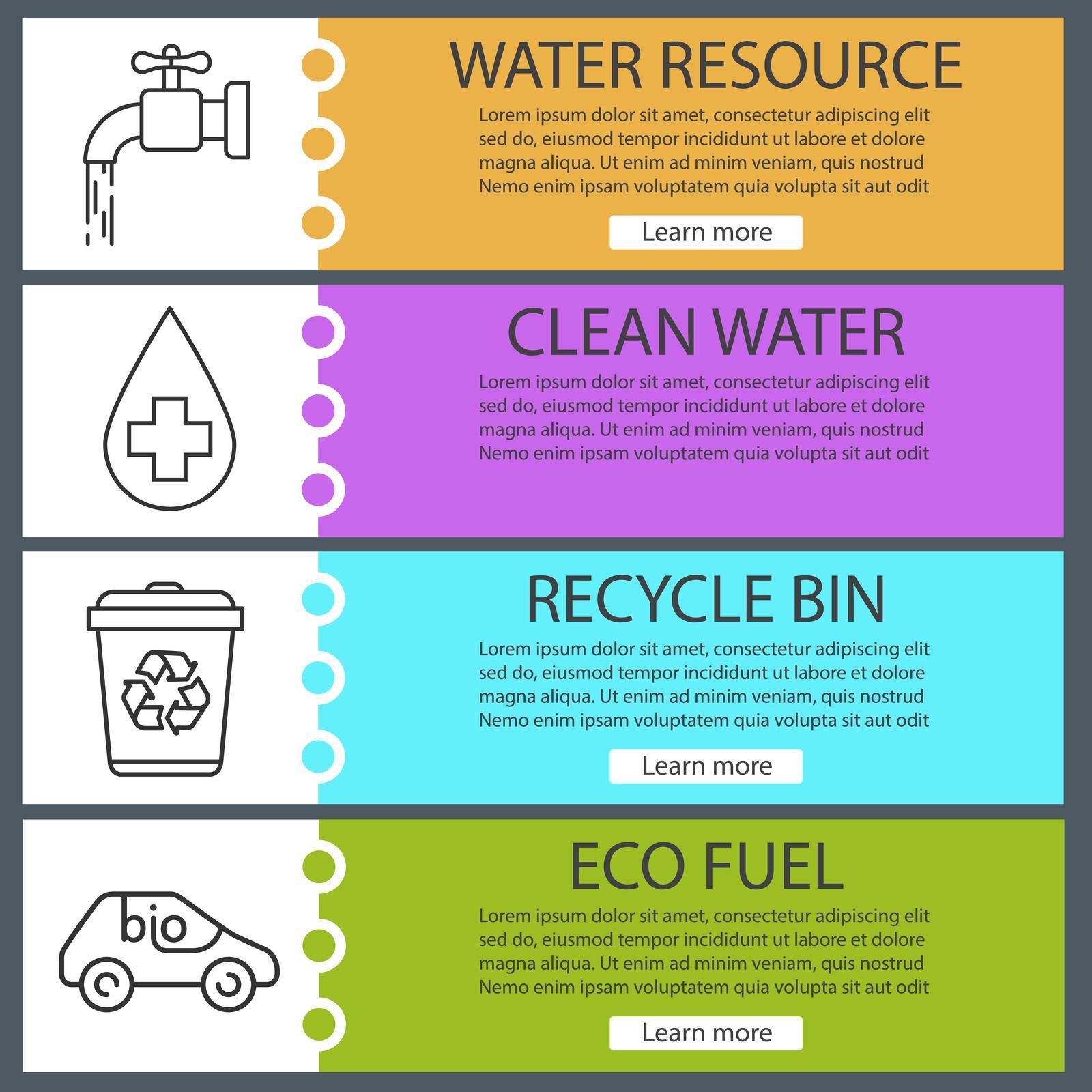 Ecology banner templates set. Bio car, recycle bin, faucet, drinking water. Website menu items with linear icons. Color web banner. Vector headers design concepts