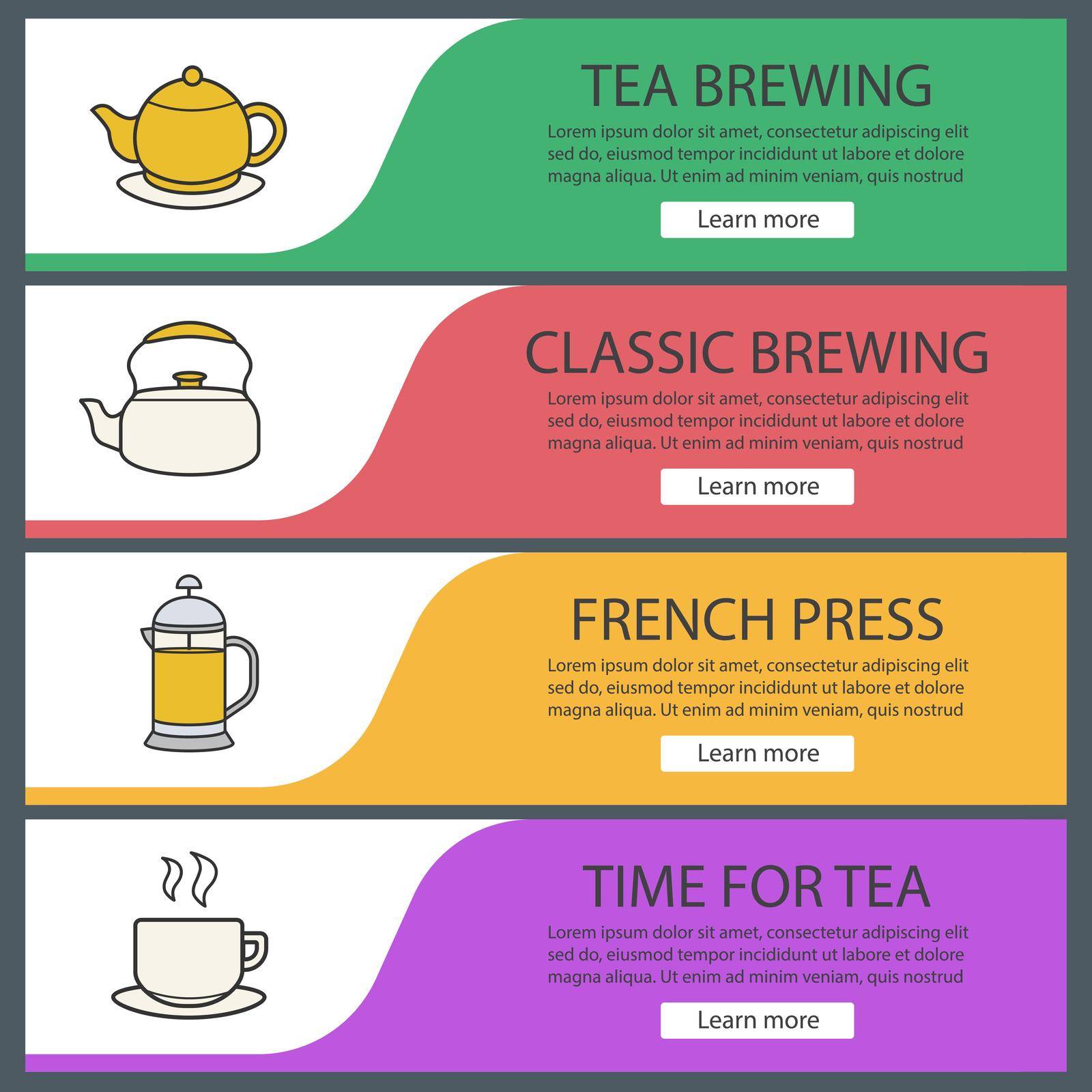 Tea banner templates set. Brewing teapot, french press, kettle, steaming cup on plate. Website menu items. Color web banner. Vector headers design concepts