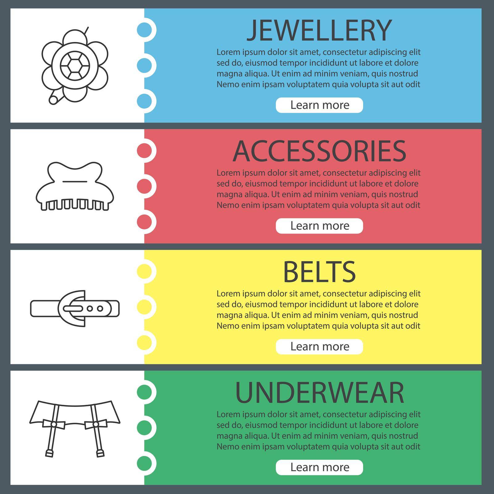 Women's accessories banner templates set. Brooch, claw hair clip, leather belt, underwear garters. Website menu items with linear icons. Color web banner. Vector headers design concepts