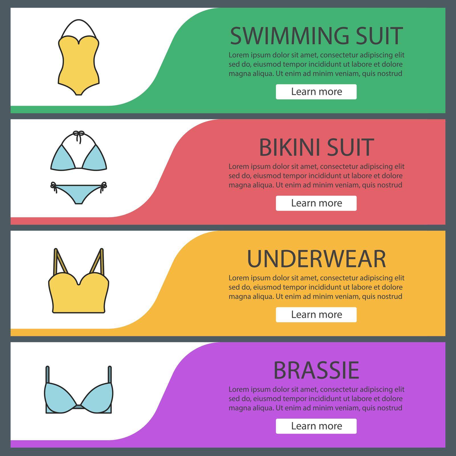 Women's underwear banner templates set. Swimsuit, bikini, top, bra. Website menu items. Color web banner. Vector headers design concepts