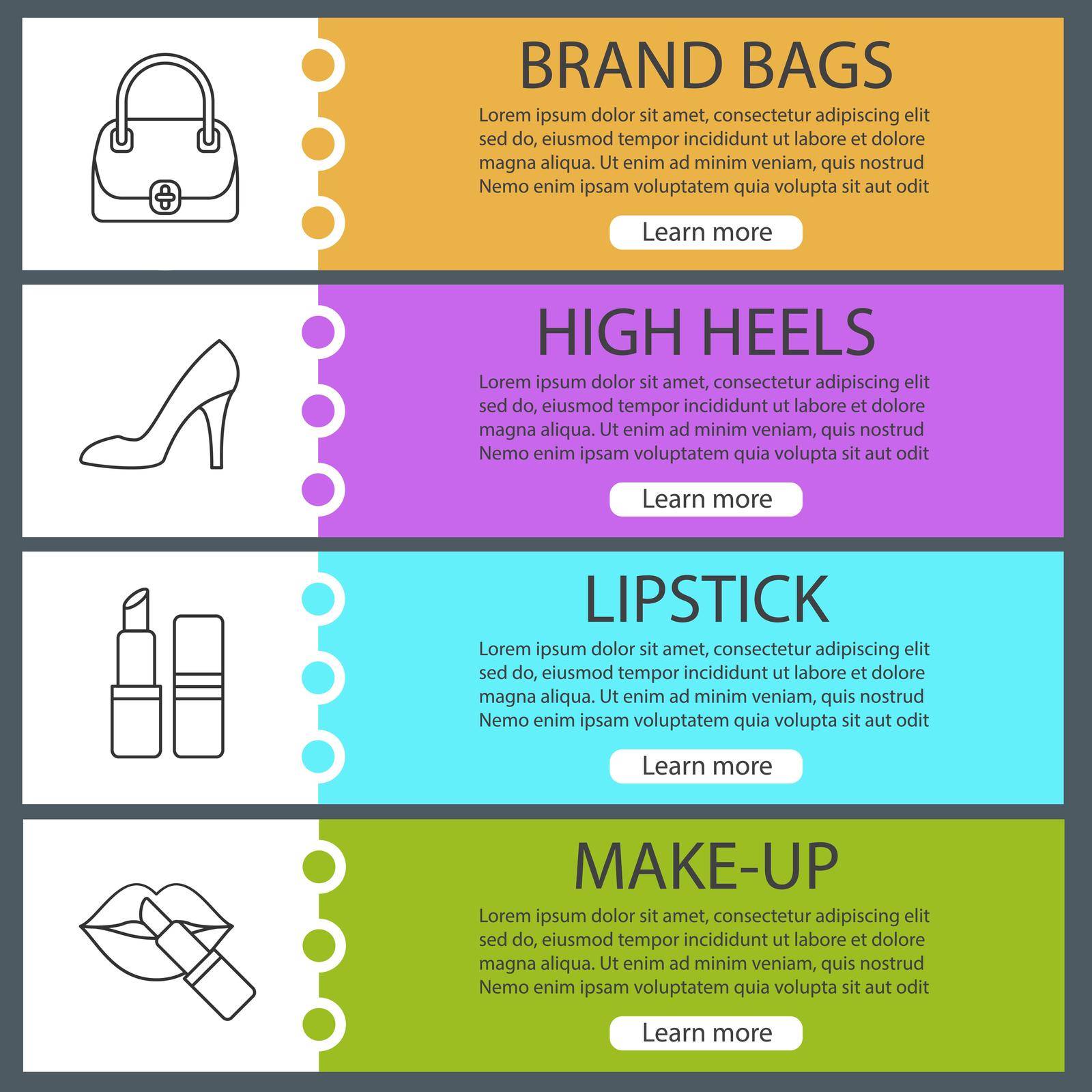 Women's accessories banner templates set. Handbag, lipstick, high heel shoe. Website menu items with linear icons. Color web banner. Vector headers design concepts