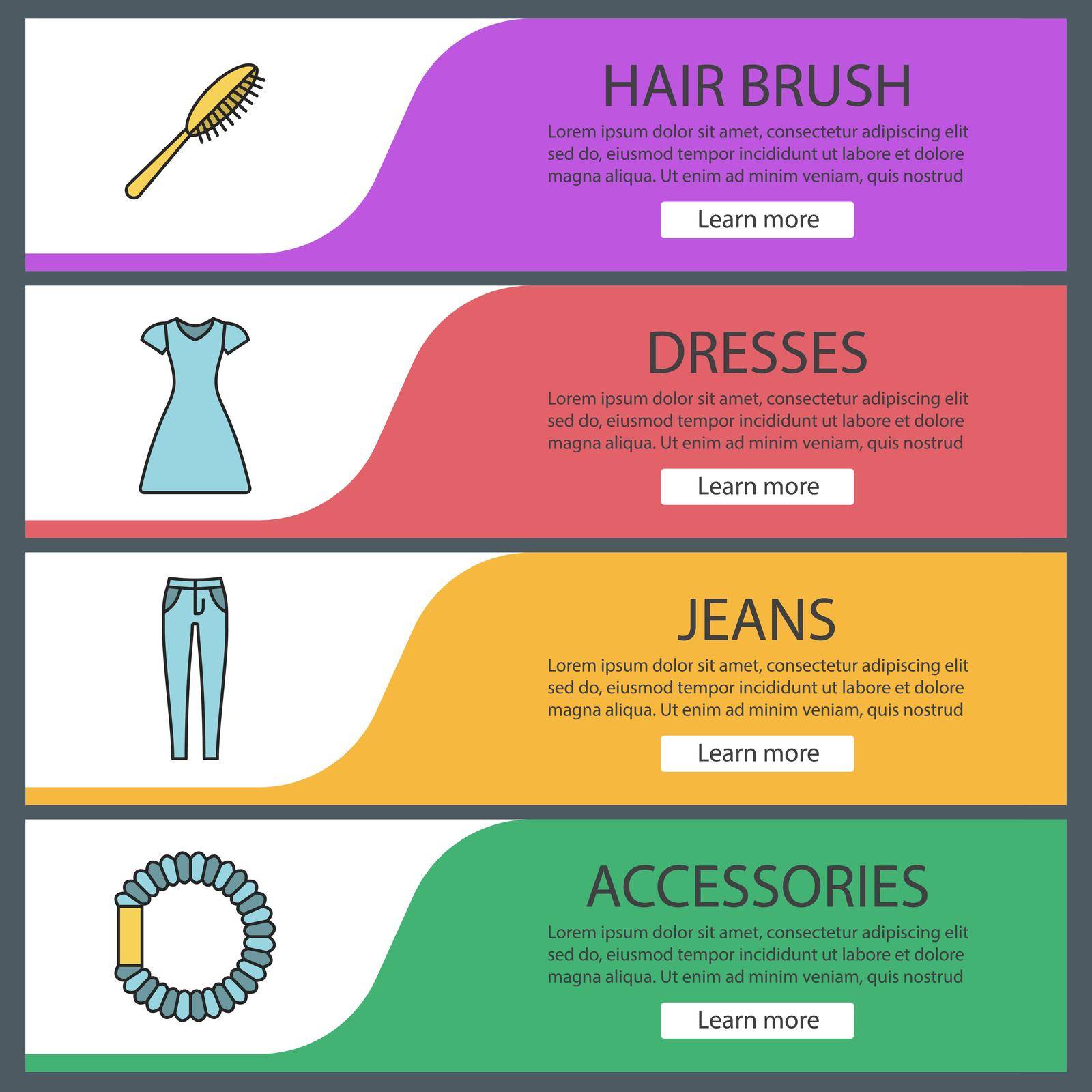 Women's accessories web banner templates set. Hair brush and scrunchy, sun frock, skinny jeans. Website color menu items. Vector headers design concepts