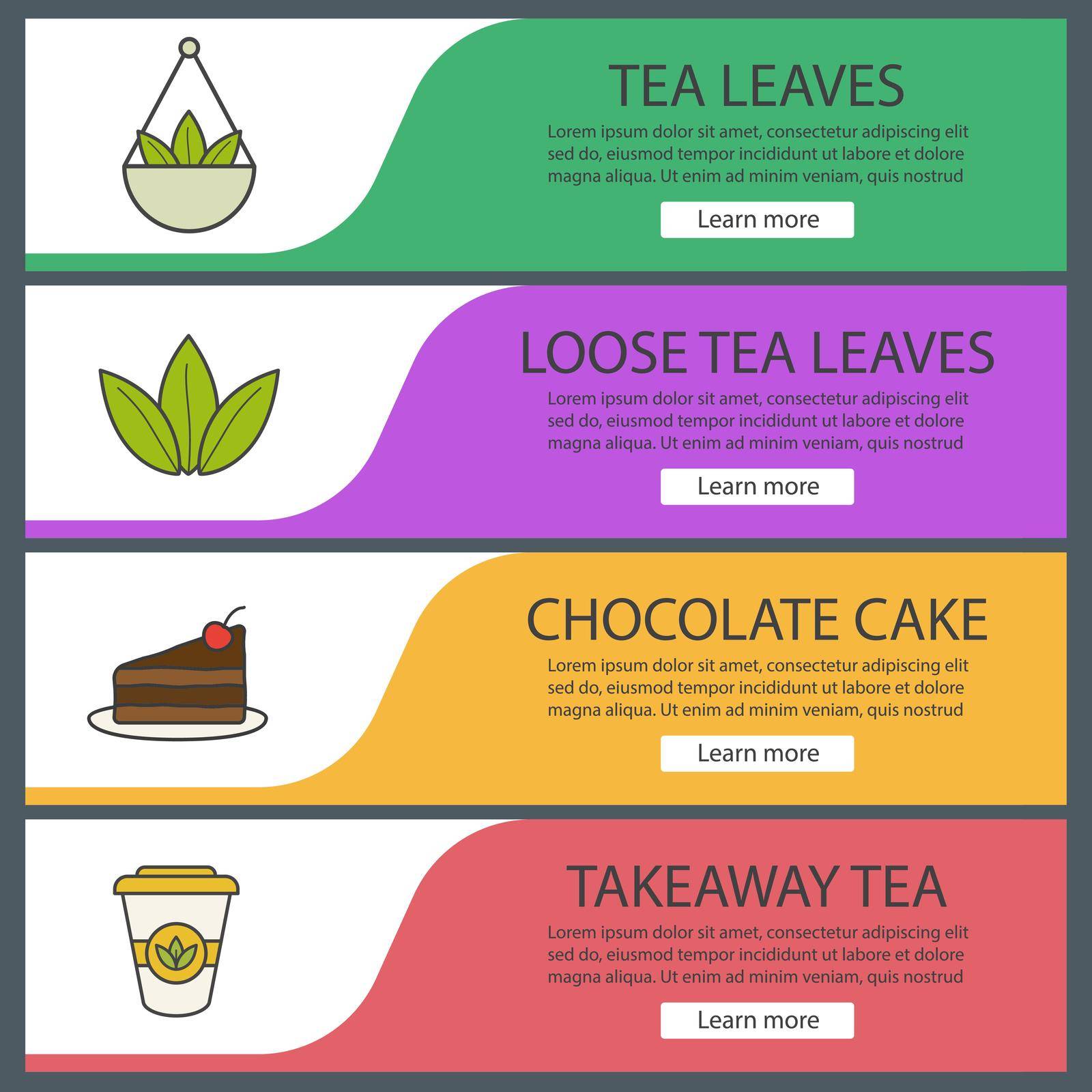 Tea banner templates set. Loose tea leaves in bulk, chocolate cake, takeaway paper cup. Website menu items. Color web banner. Vector headers design concepts