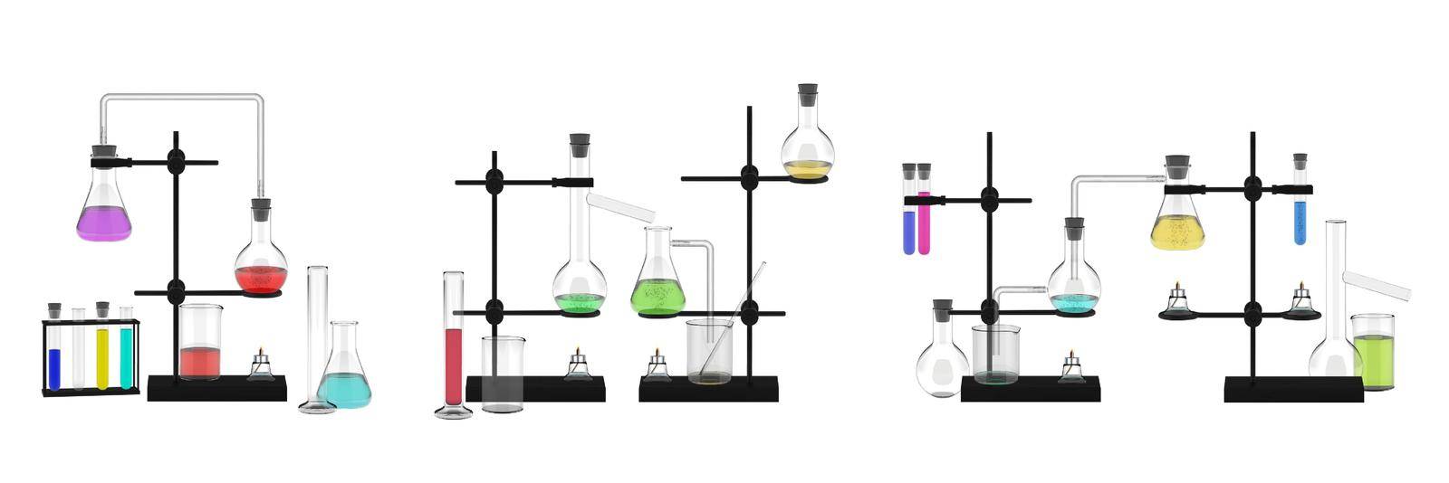 Realistic flasks mockup set. Colletion template of realism style drawn chemical equipment ingredients liquids reagents acids. Medical scientific laboratory experiment and tests analysis illustration.