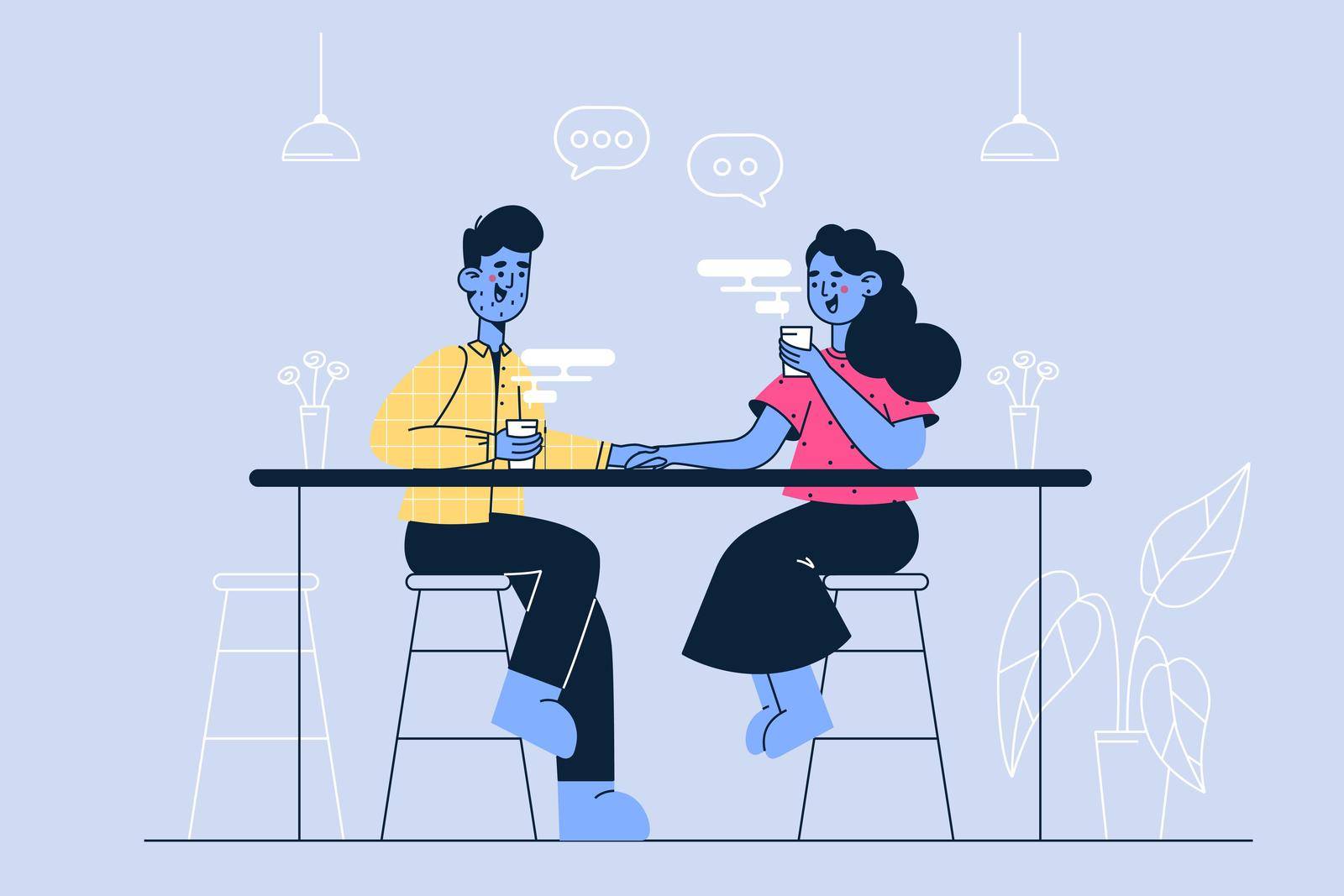 Small business and cafeteria concept. Young smiling couple man and woman sitting together and drinking coffee in modern coffee shop cafeteria having date vector illustration