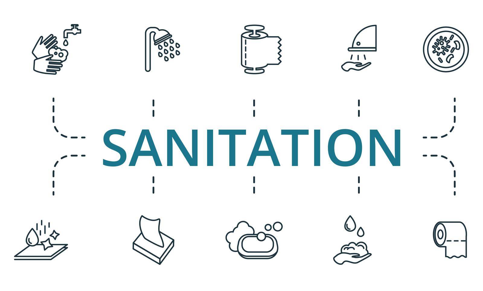 Sanitation icon set. Collection of simple elements such as the shower, hygiene, greenhouse effect, world temperature, oil spill, tsunami, nuclear tank. by simakovavector