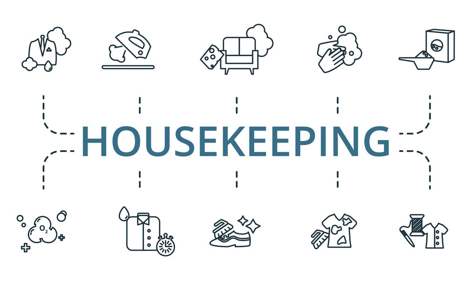 Housekeeping icon set. Collection of simple elements such as the washing powder, ironing, clothing repair, ozonation, hand wash, shoe cleaning and ther icons.