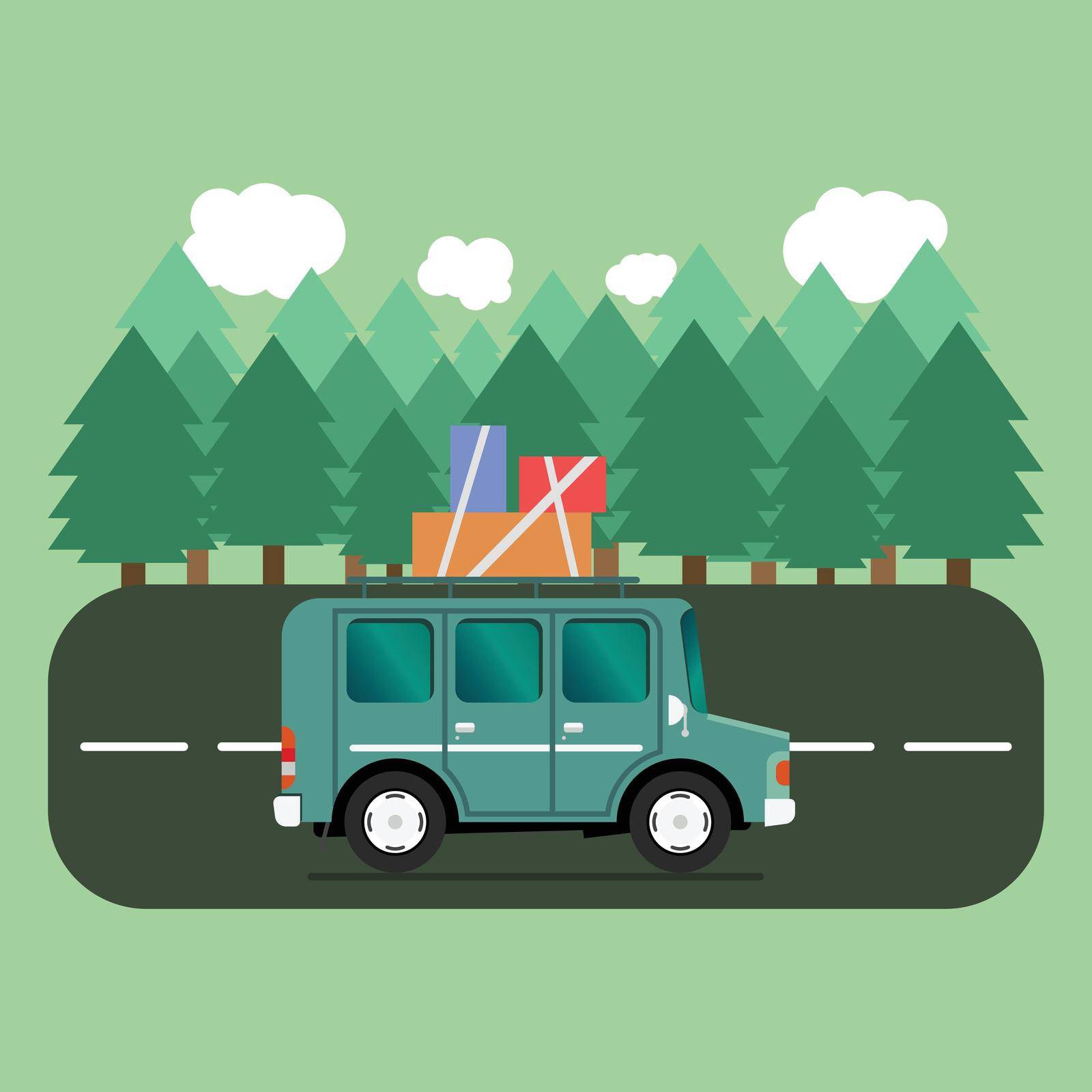 Travel car campsite place landscape. Forest, trees, fir tree and road. Vector illustration in flat style.