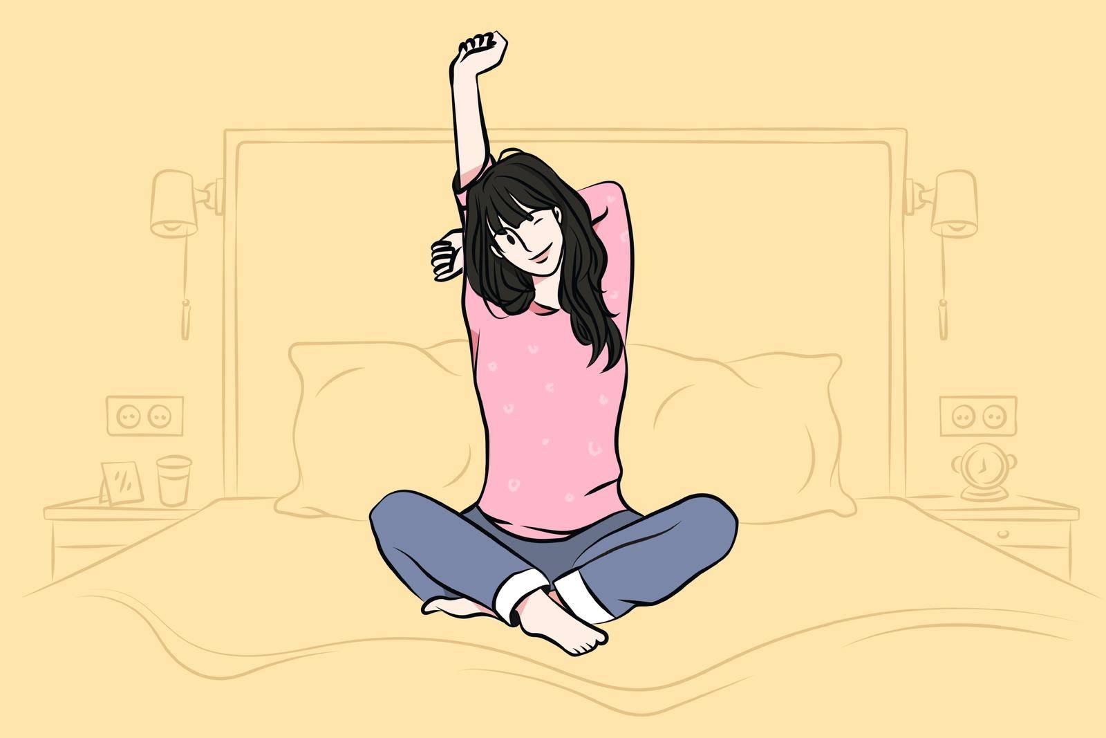 Relaxation and having rest at home concept. Young happy woman in pajama stretching her arms and smiling sitting on bed feeling relaxed vector illustration