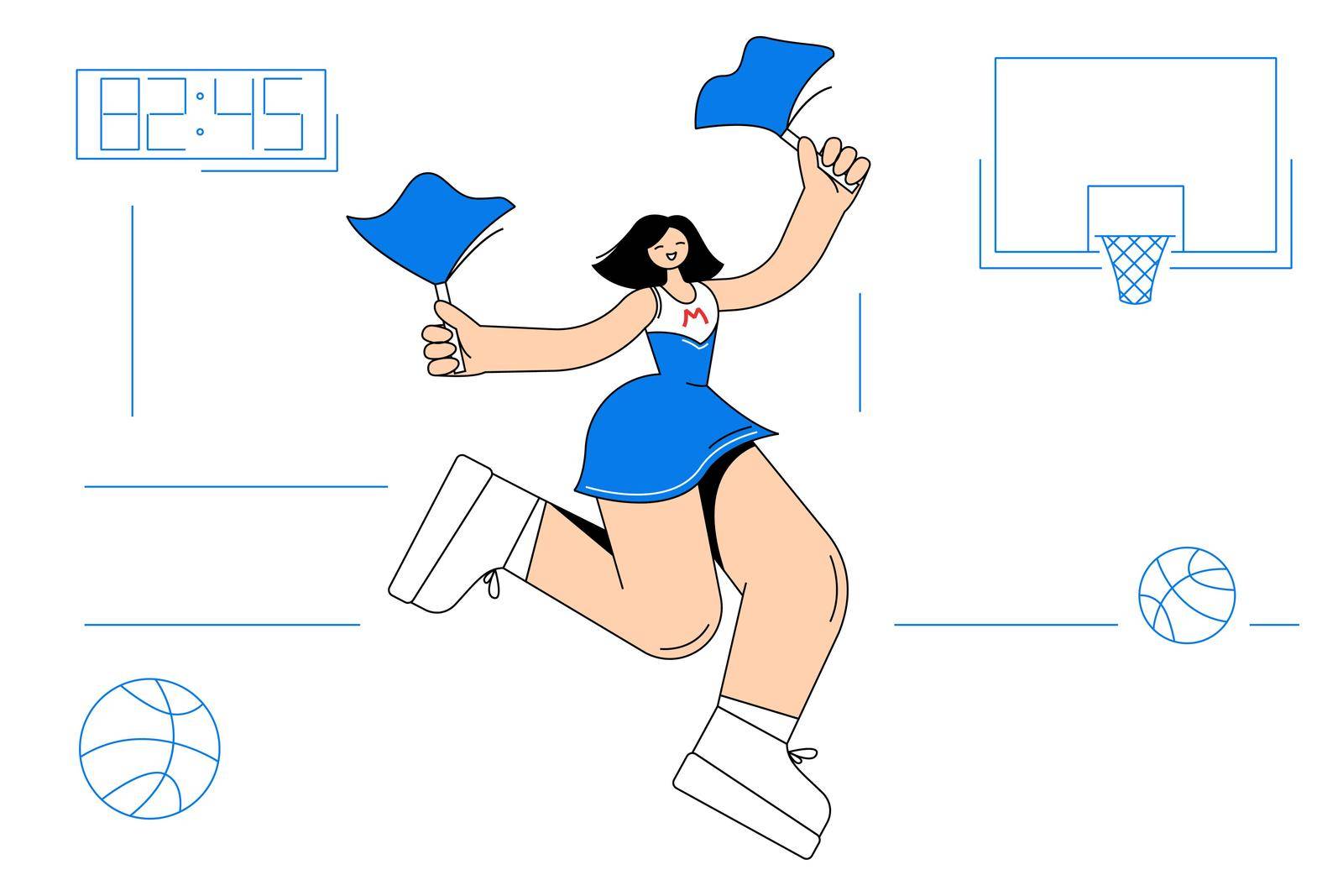 Cheerleading, dancing, cheer sport concept. Young beautiful smiling girl cheerleader cartoon character in blue costume dancing moving with pompoms and jumping during performance on basketball game