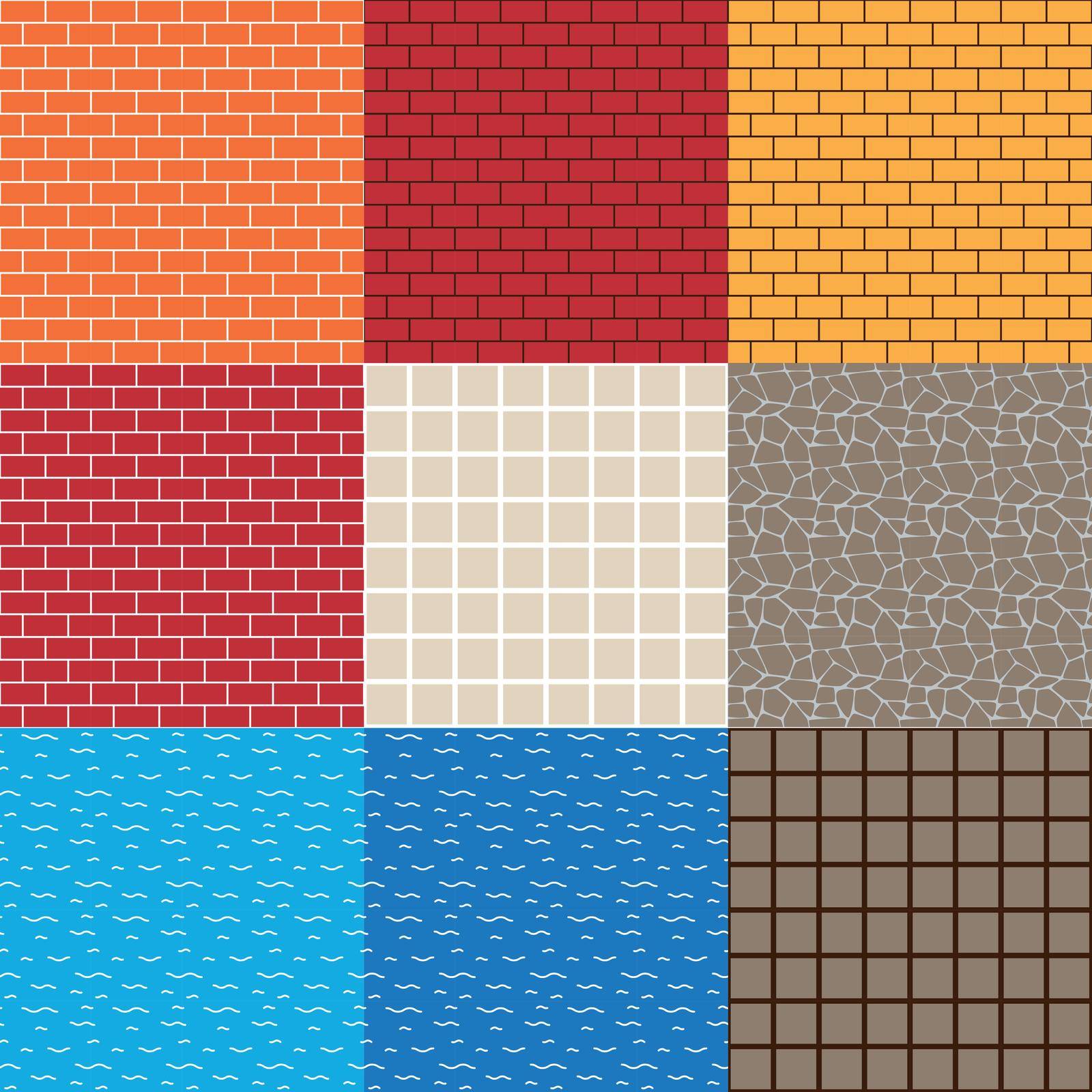 Seamless textures of brick and concrete walls, water, rocks and ground. Vector patterns for backgrounds or game design