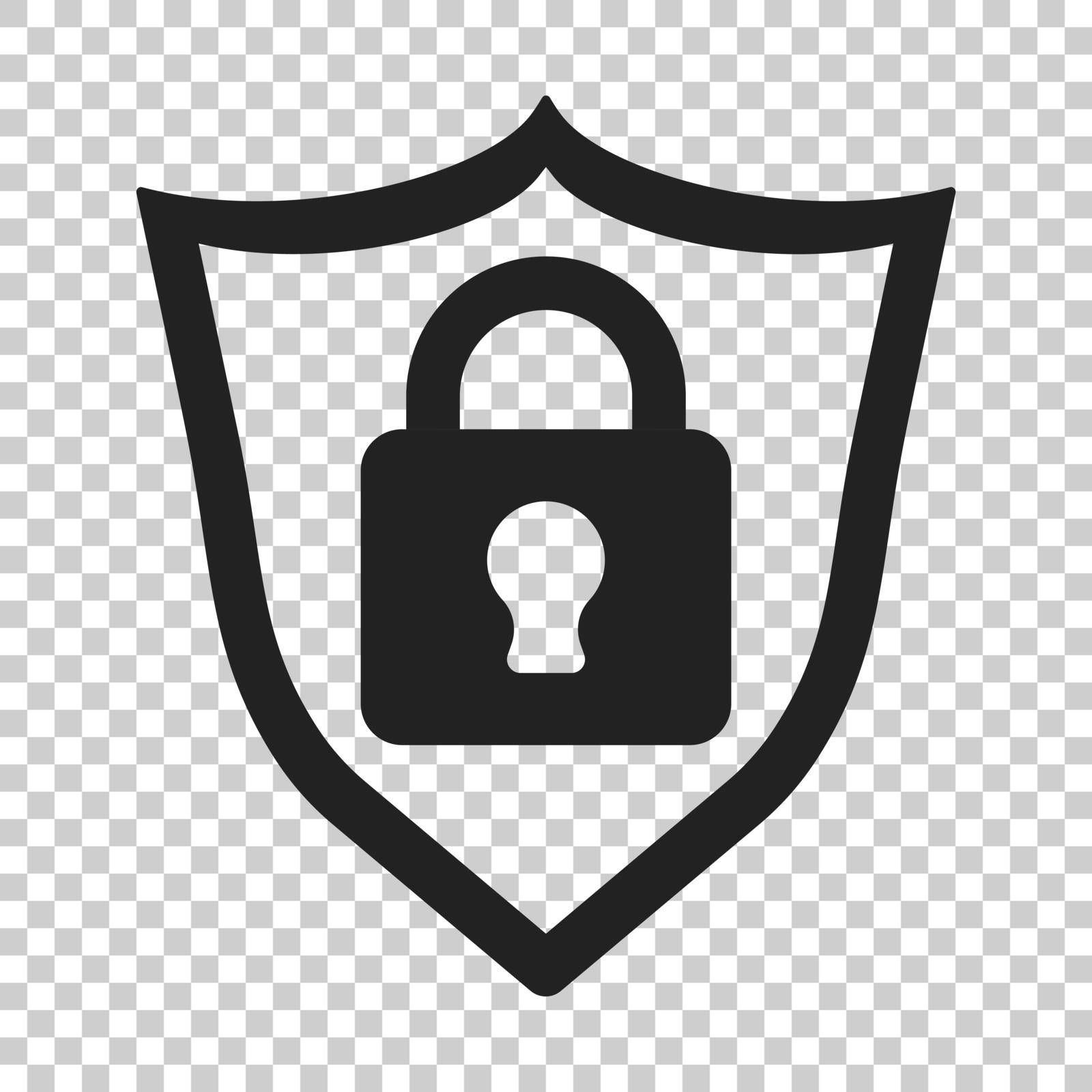 Lock with shield security icon. Vector illustration on isolated transparent background. Business concept padlock pictogram.