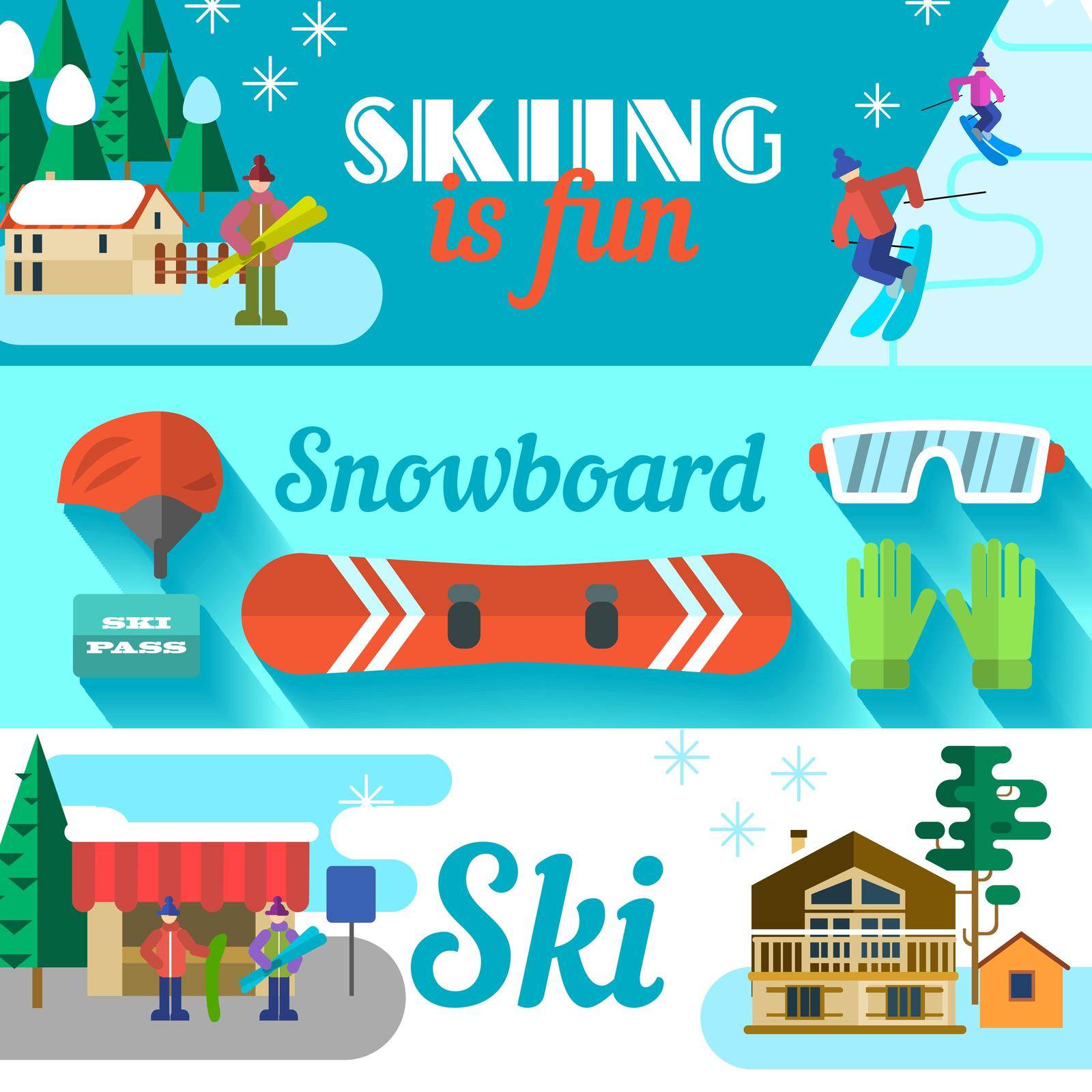 Vector banners with ski resort. Flat style.