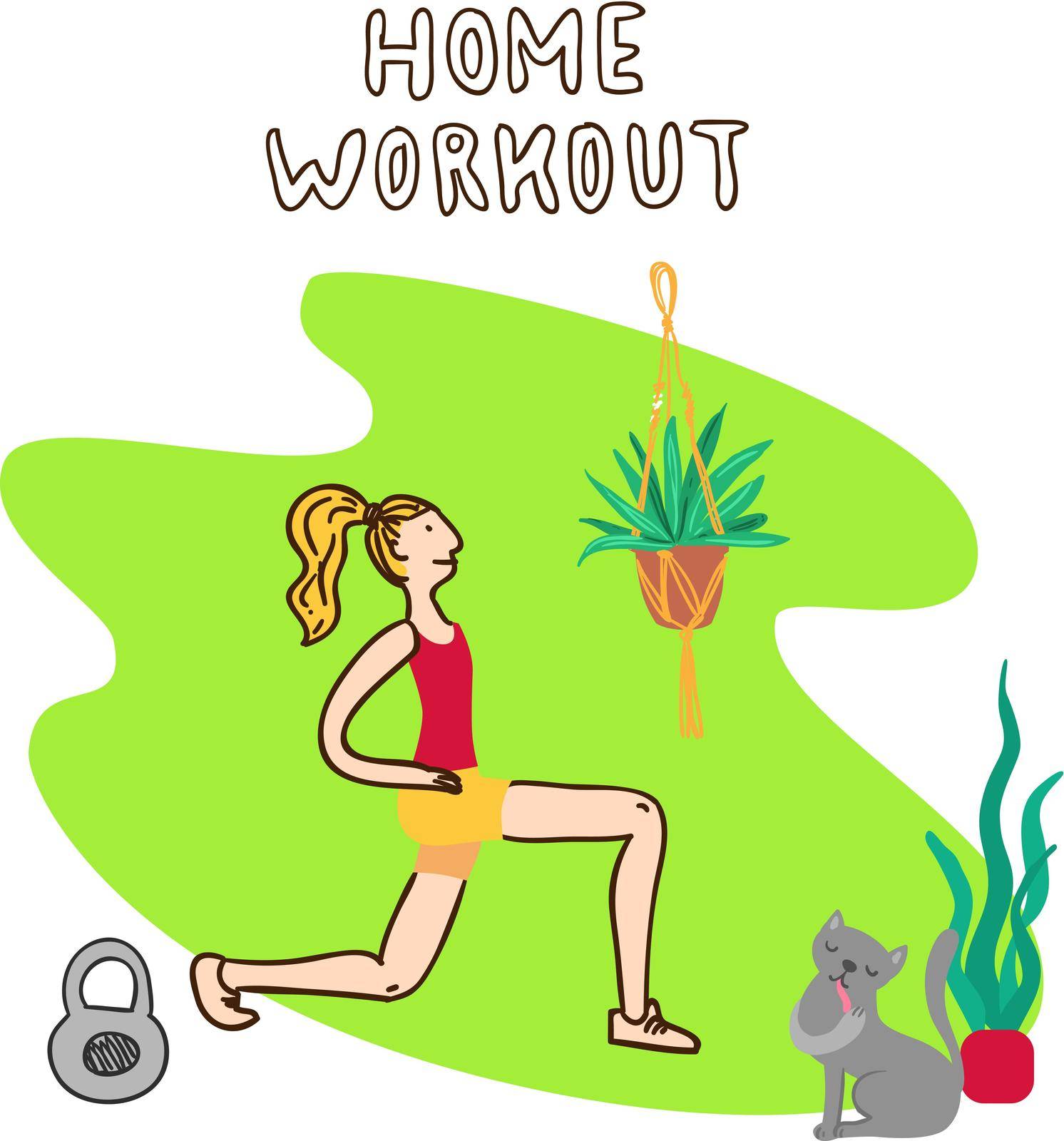 Home workout illustrations. Hand drawn beautiful vector people who train at home