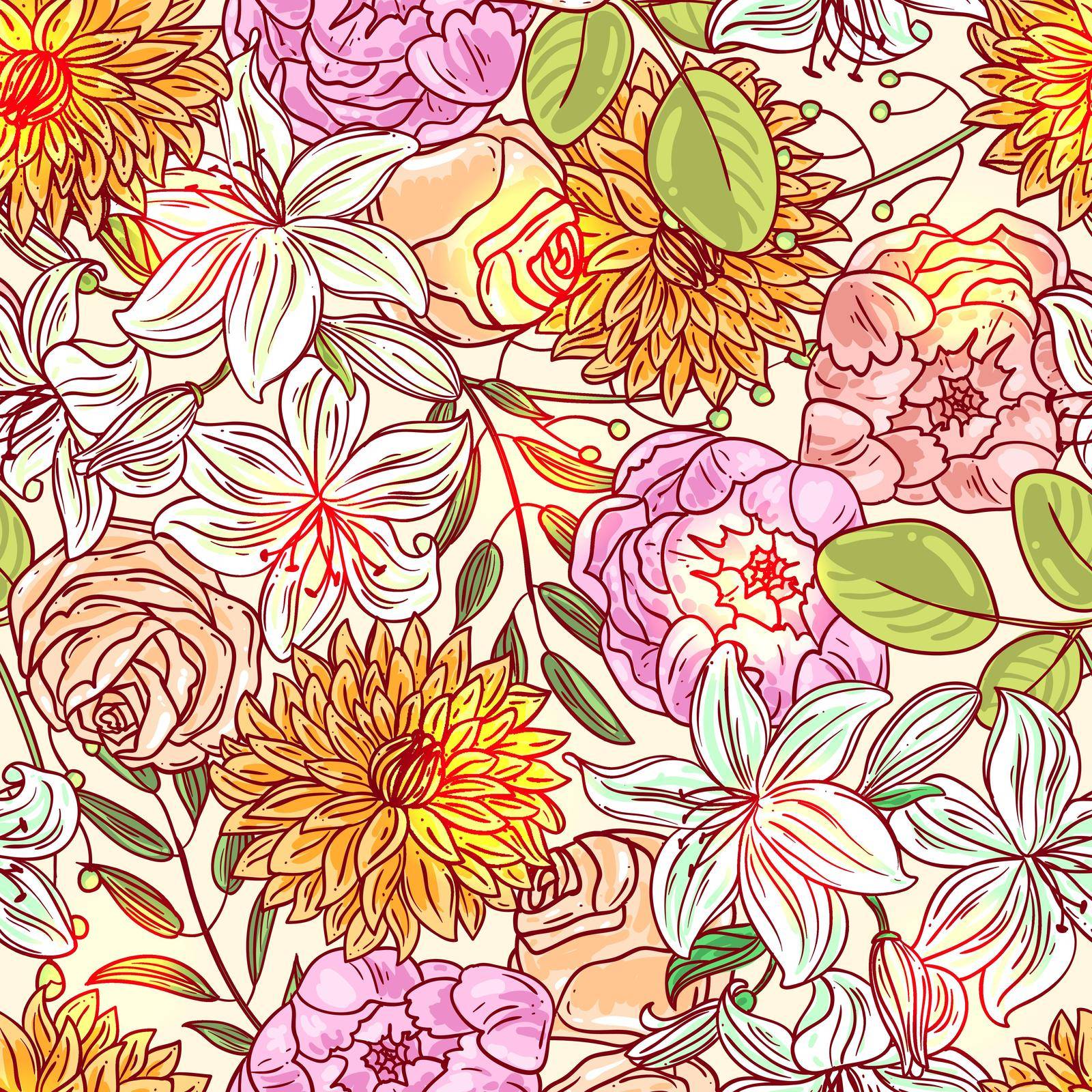 Hand drawn vector seamless pattern with flowers. Us for skrapbuking, tissue, textile, cloth, fabric, web material