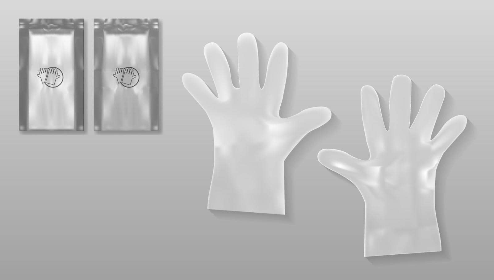 Disposable Transparent Plastic Gloves With Packing For Medical Use Or Cosmetics Purpose. EPS10 Vector