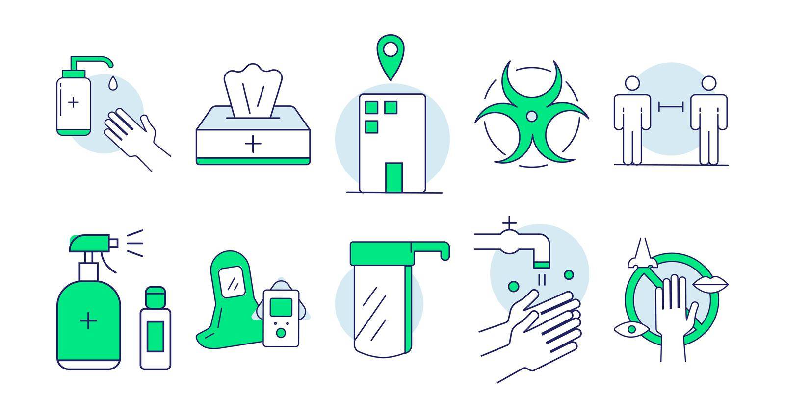 Hygiene doodle set. Collection of isolated icons of protective sanitizer napkins soap and spray outline pictogram. illustration of quarantine social distancing and coronavirus protection for print.