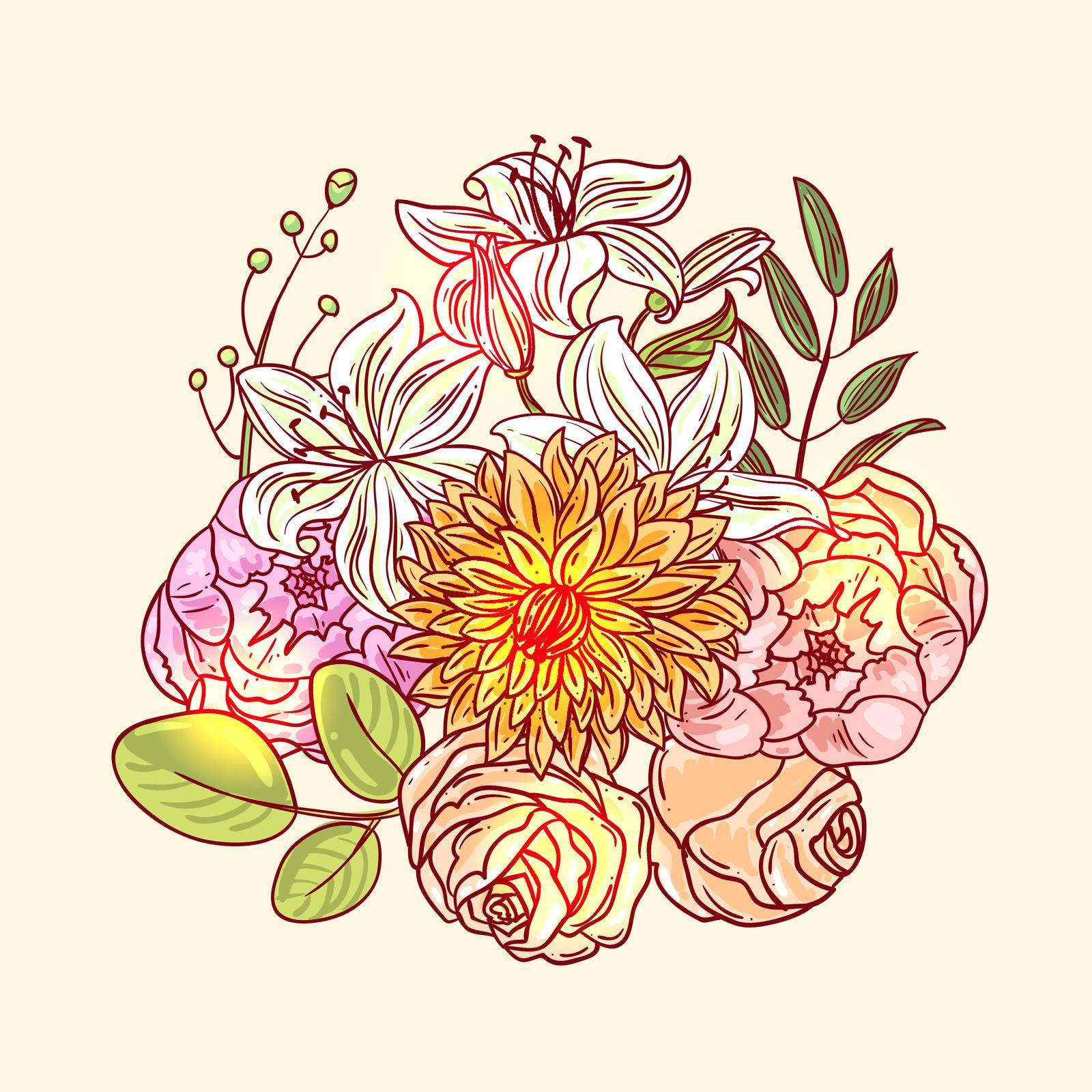 Hand drawn vector illustration with flowers. Us for skrapbuking, tissue, textile, cloth, fabric, web material