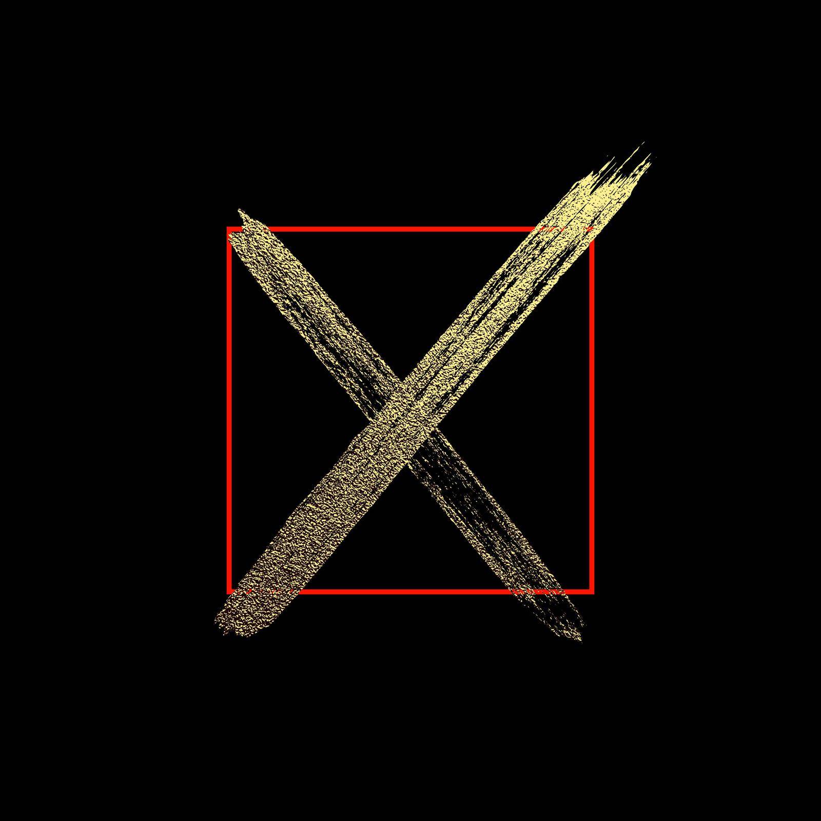 Brush check mark icon , vector isolated gold glittering luxury negative no on black background. Cross grunge and simple sign.