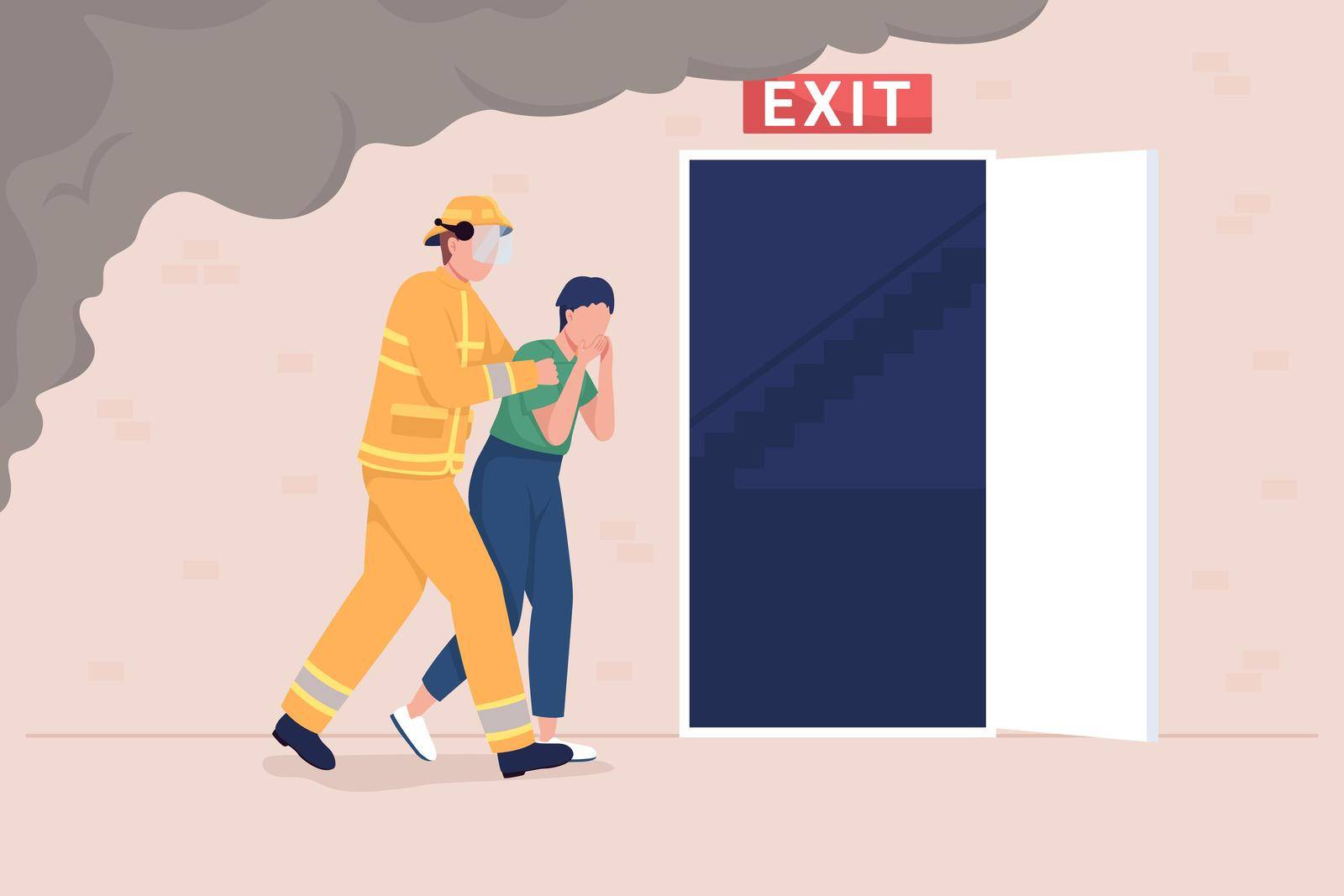 Rescue mission flat color vector illustration. Evacuating occupant. Fire safety. Emergency exit. Firefighter rescuing woman from burning building 2D cartoon characters with smoke on background