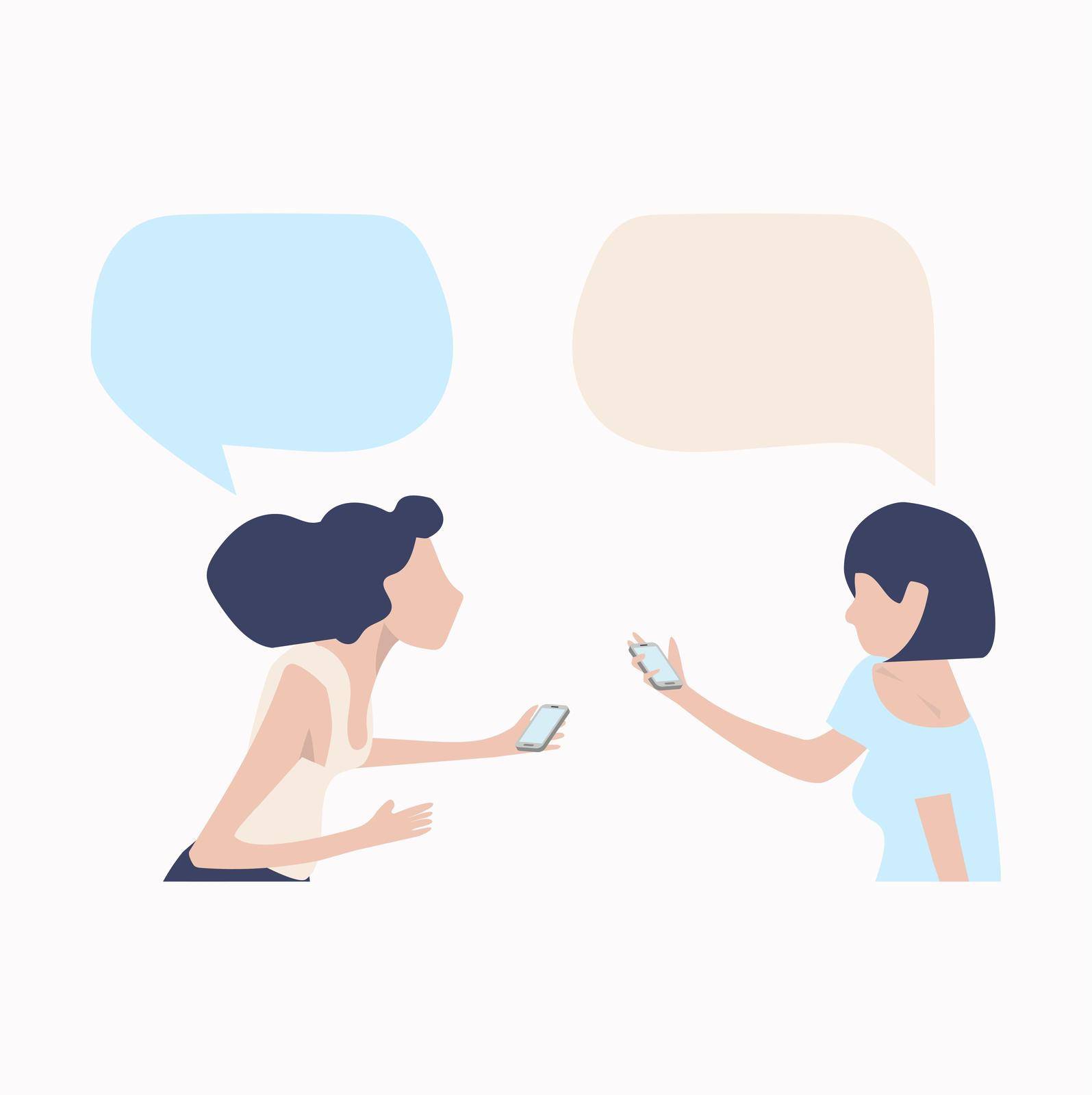 womans  talk with mobile speech bubbles