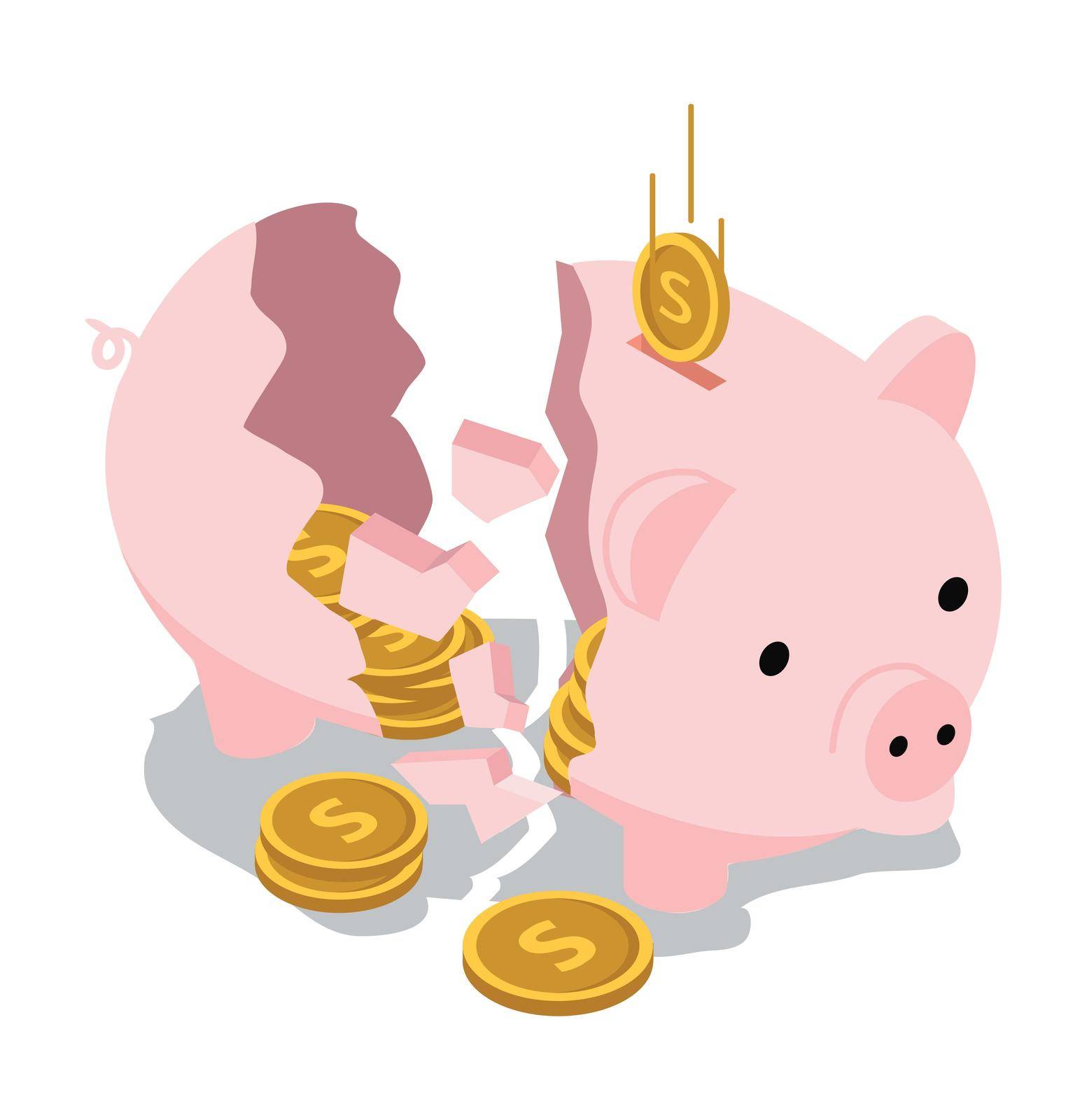 piggy bank Isometric with coins and falling coin concept