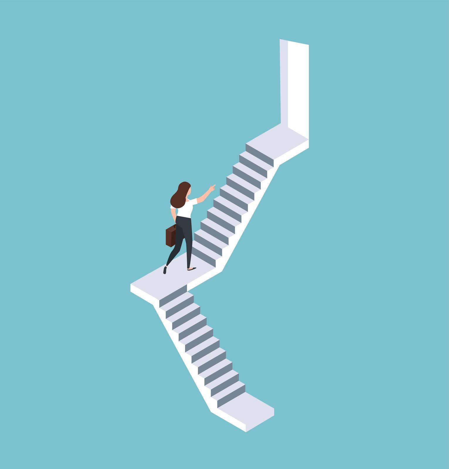 Businesswoman walking up staircase isometric concept by focus_bell