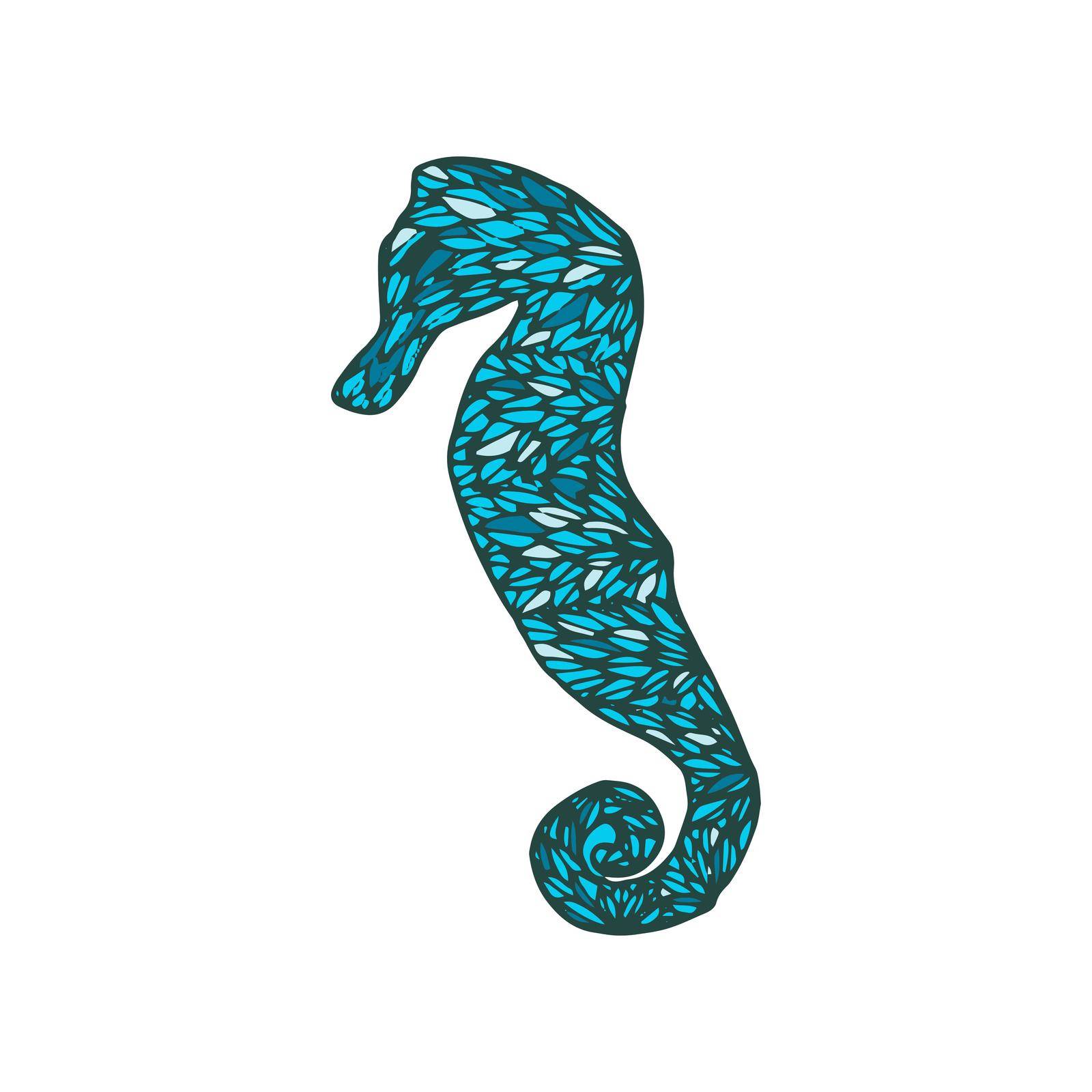 Doodle sea horse in vector. Hand drawn