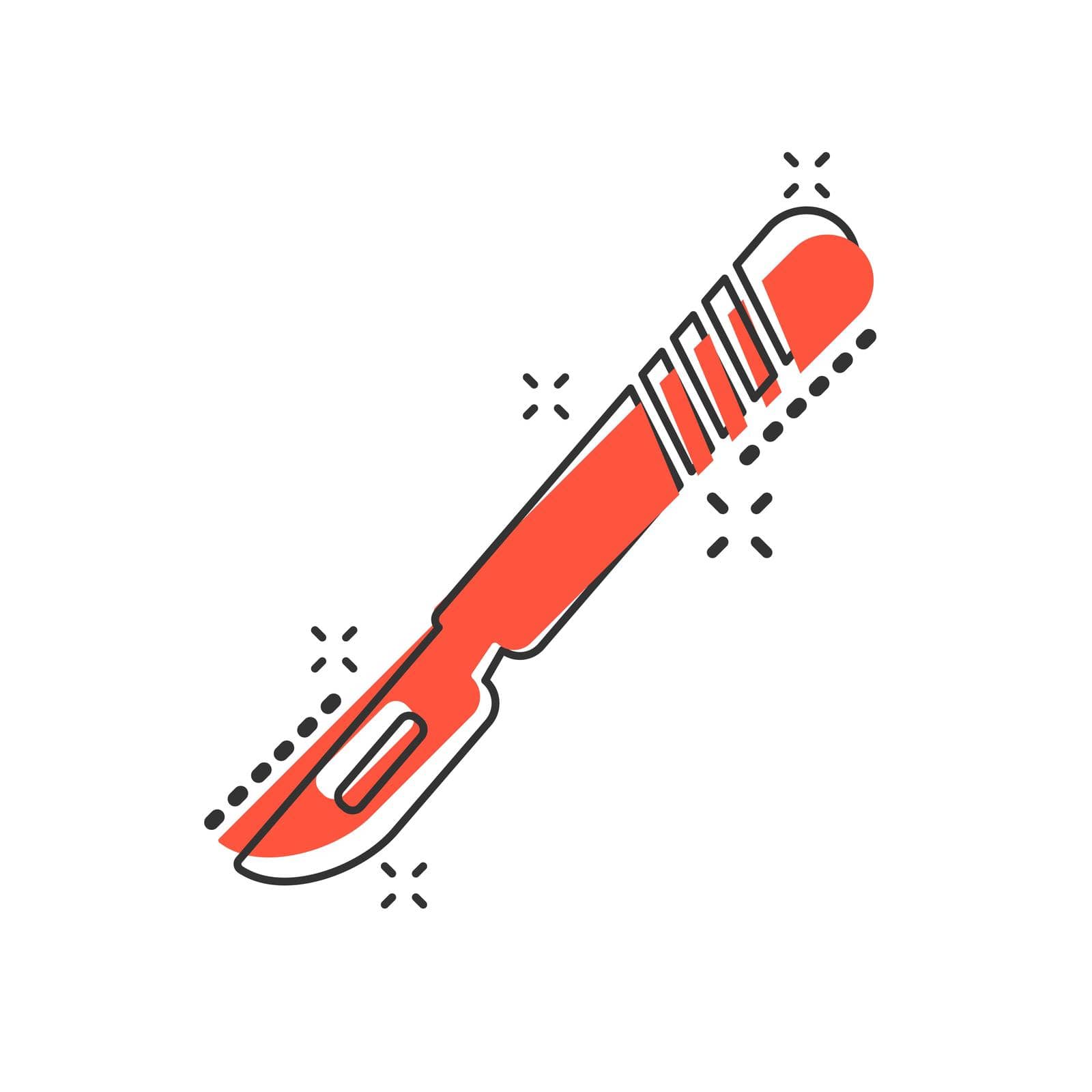 Vector cartoon medical scalpel icon in comic style. Hospital surgery knife sign illustration pictogram. Scalpel business splash effect concept.