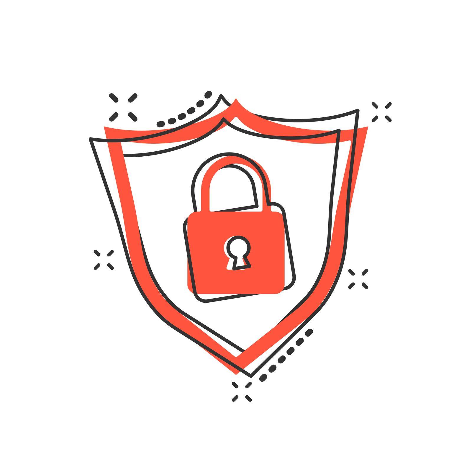 Vector cartoon lock with shield security icon in comic style. Padlock sign illustration pictogram. Shield business splash effect concept.