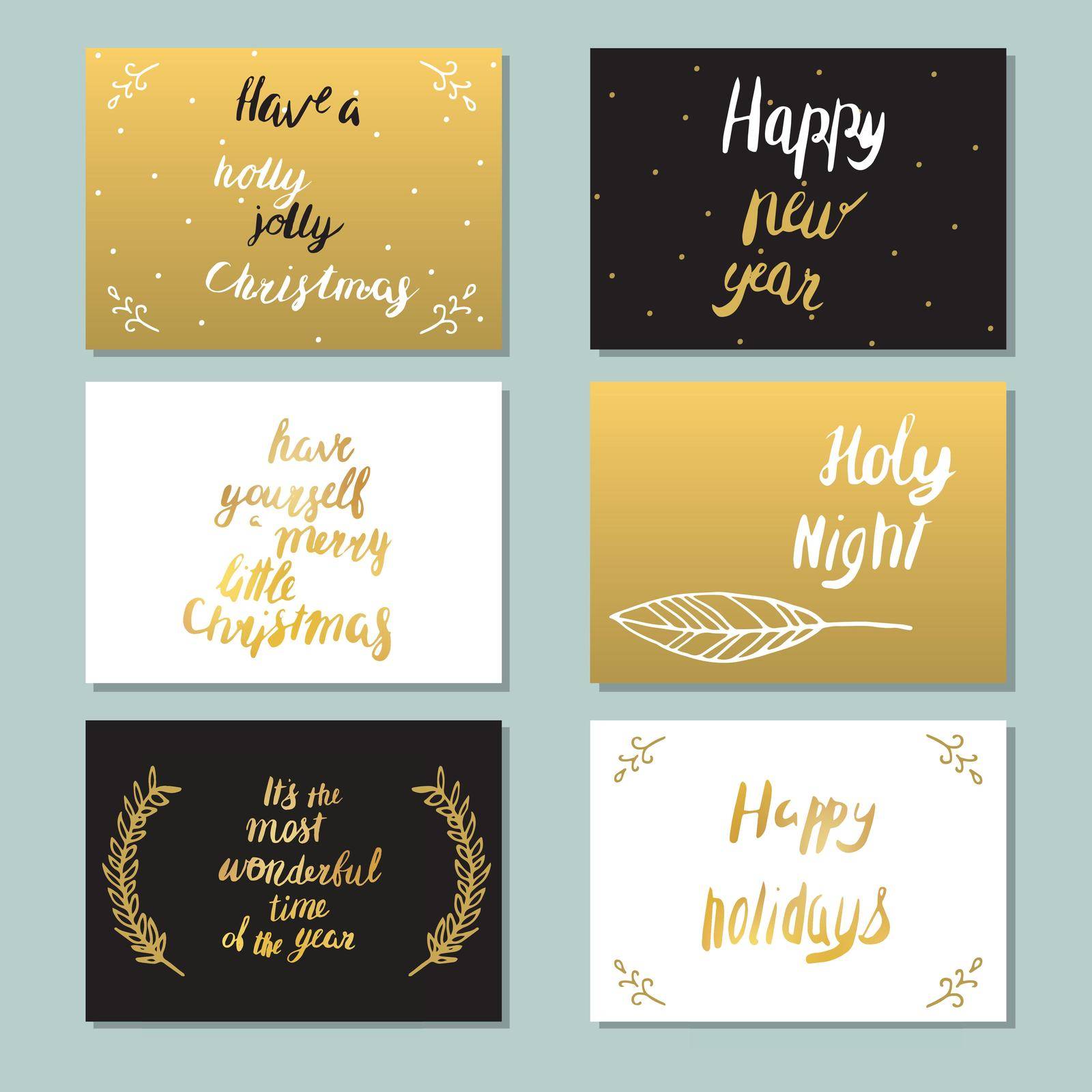 Set of 6 greeting cards with lettering. Hand drawn. Vector illustration. Golden, white, black