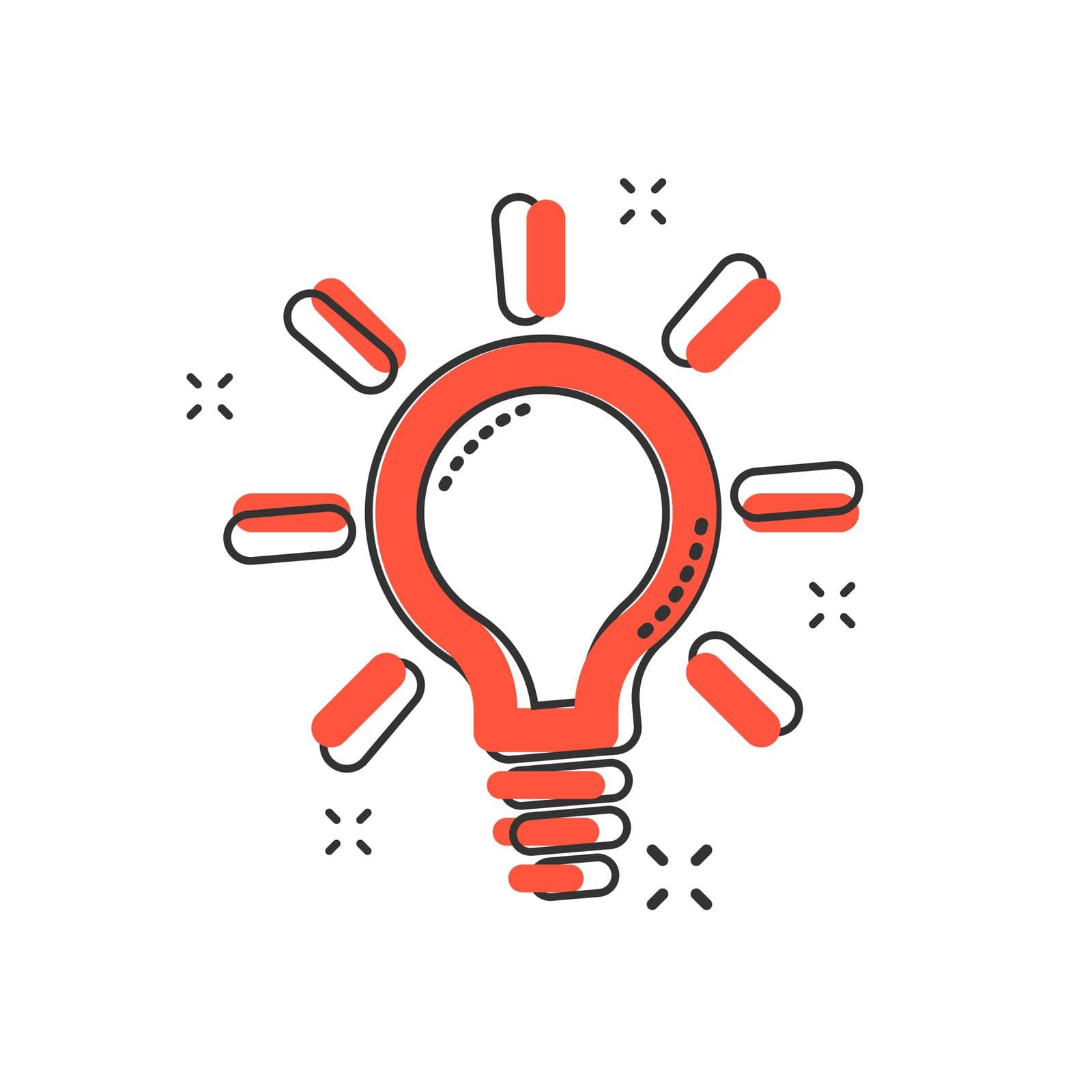 Vector cartoon light bulb icon in comic style. Electric lamp sign illustration pictogram. Idea lightbulb business splash effect concept.